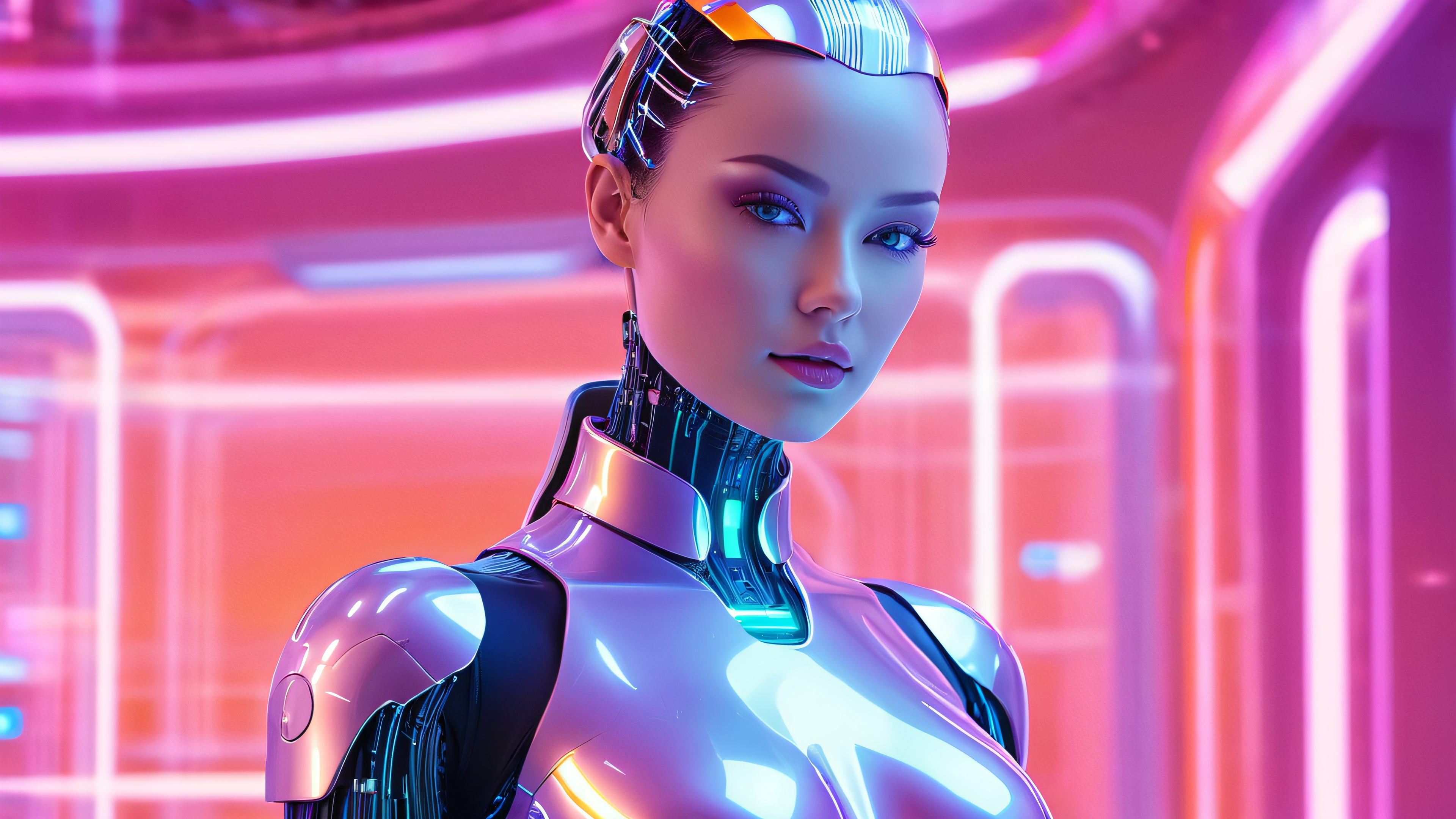 A futuristic android poses amidst a whirlwind of binary code and circuitry in a high-tech laboratory