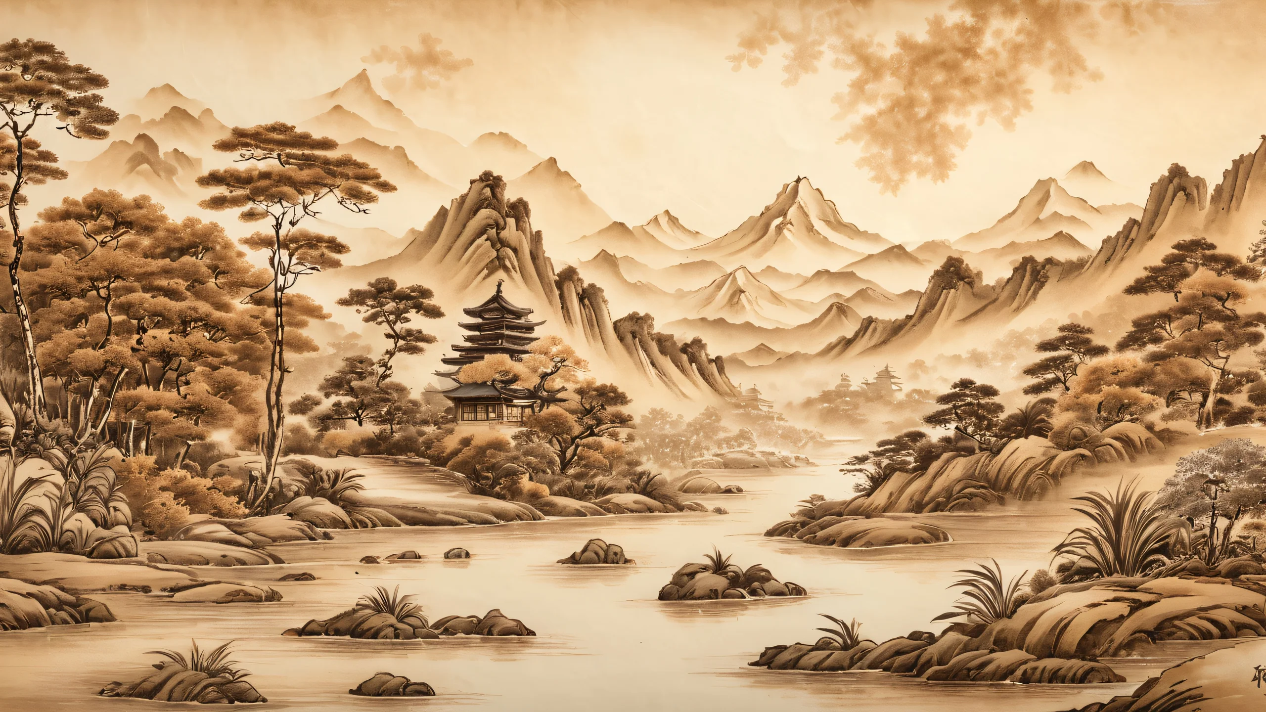 Sepia Earthly Masterpiece 4K Desktop Wallpaper A hand-drawn masterpiece featuring earthy tones in a sepia-toned design.