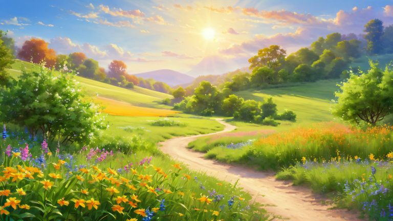 serene 4k wallpaper winding sunlit pathway verdant meadow nature scaled
