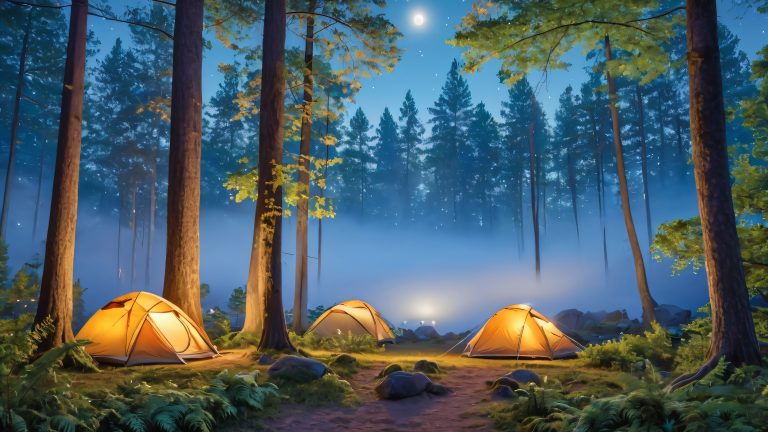 serene campsite at night forest moon and tents scaled