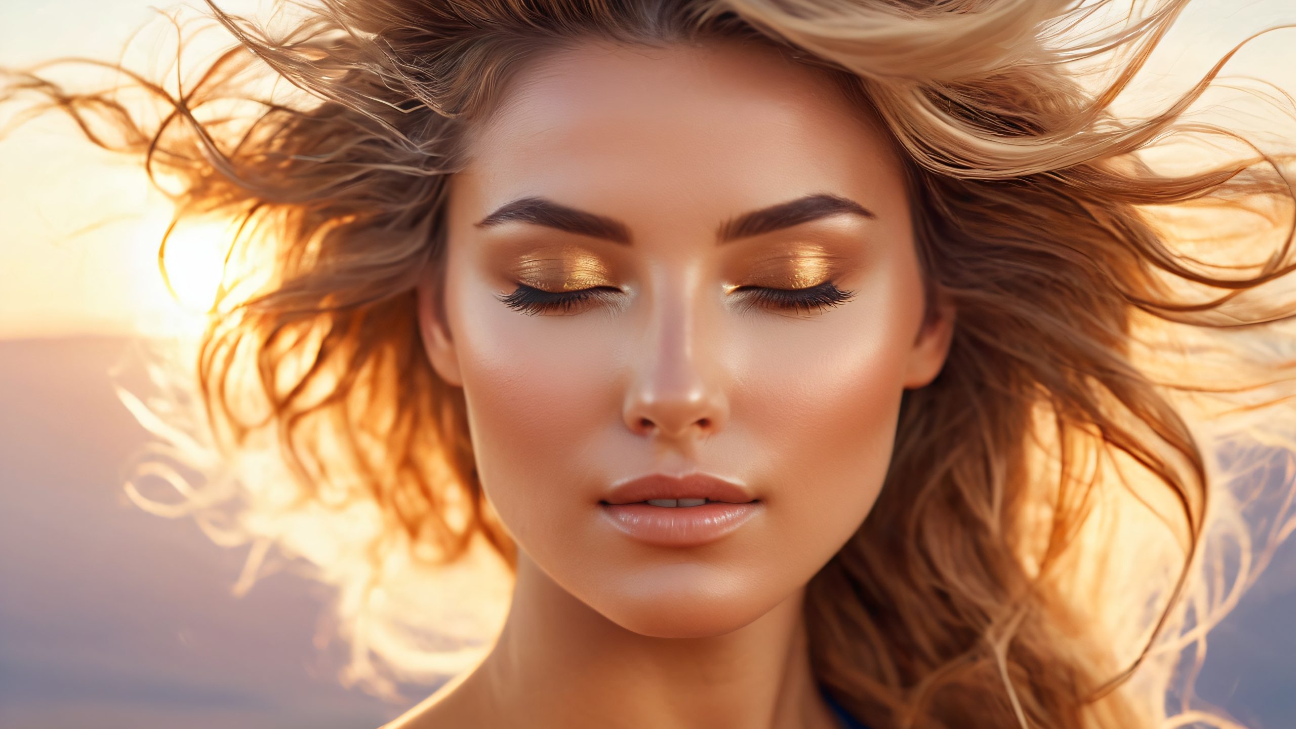 4K Serene Contemplative Profile Desktop Background A serene and contemplative portrait of a person with messy hair blown back by the breeze, set against a soft hazy background.