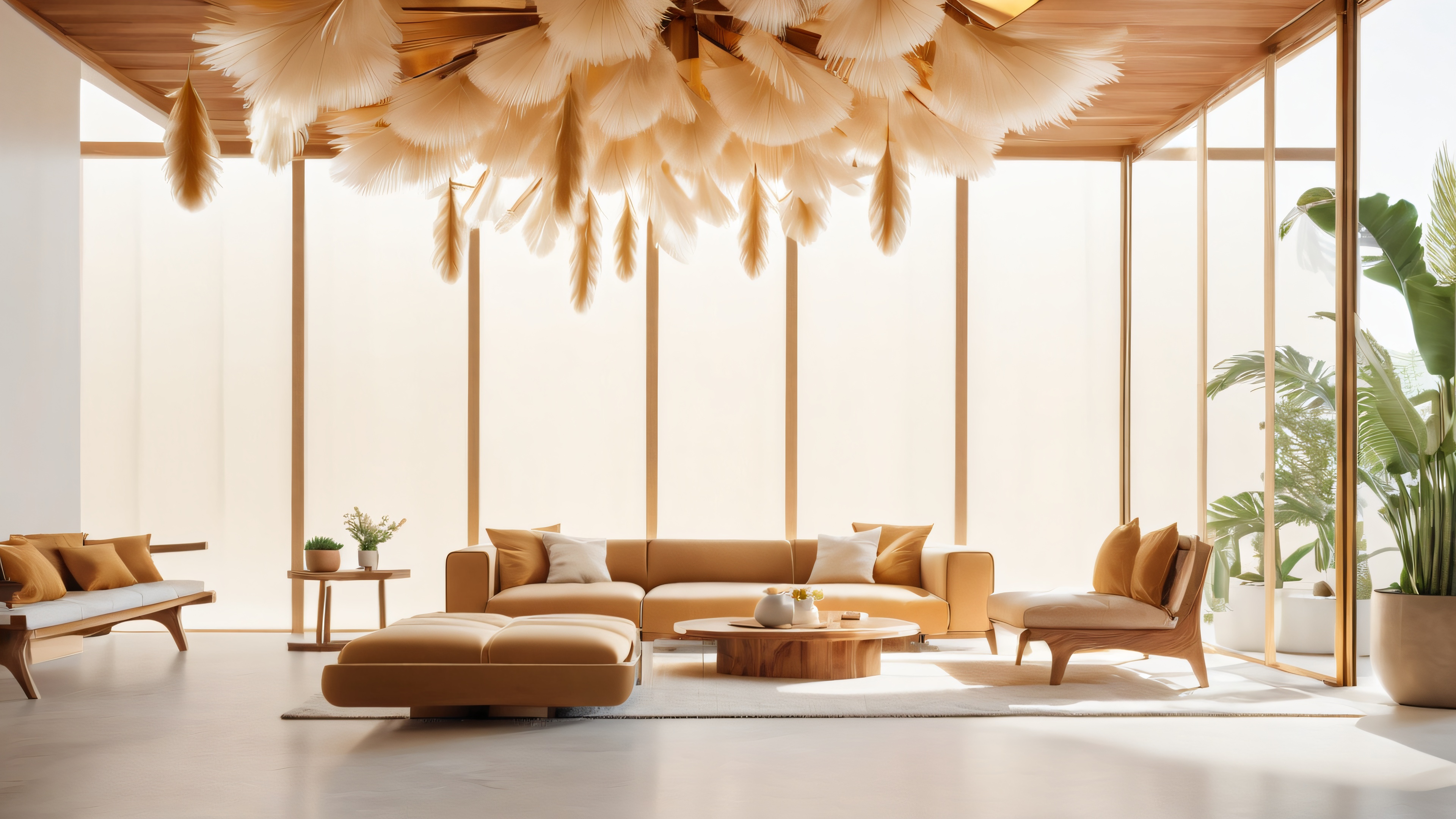 A serene conversation pit surrounded by plush seating areas, with intricately designed wooden structures and a unique suspended canopy.