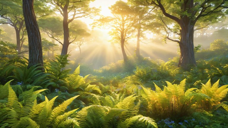 serene forest dawn wallpaper towering trees and golden hour lighting scaled