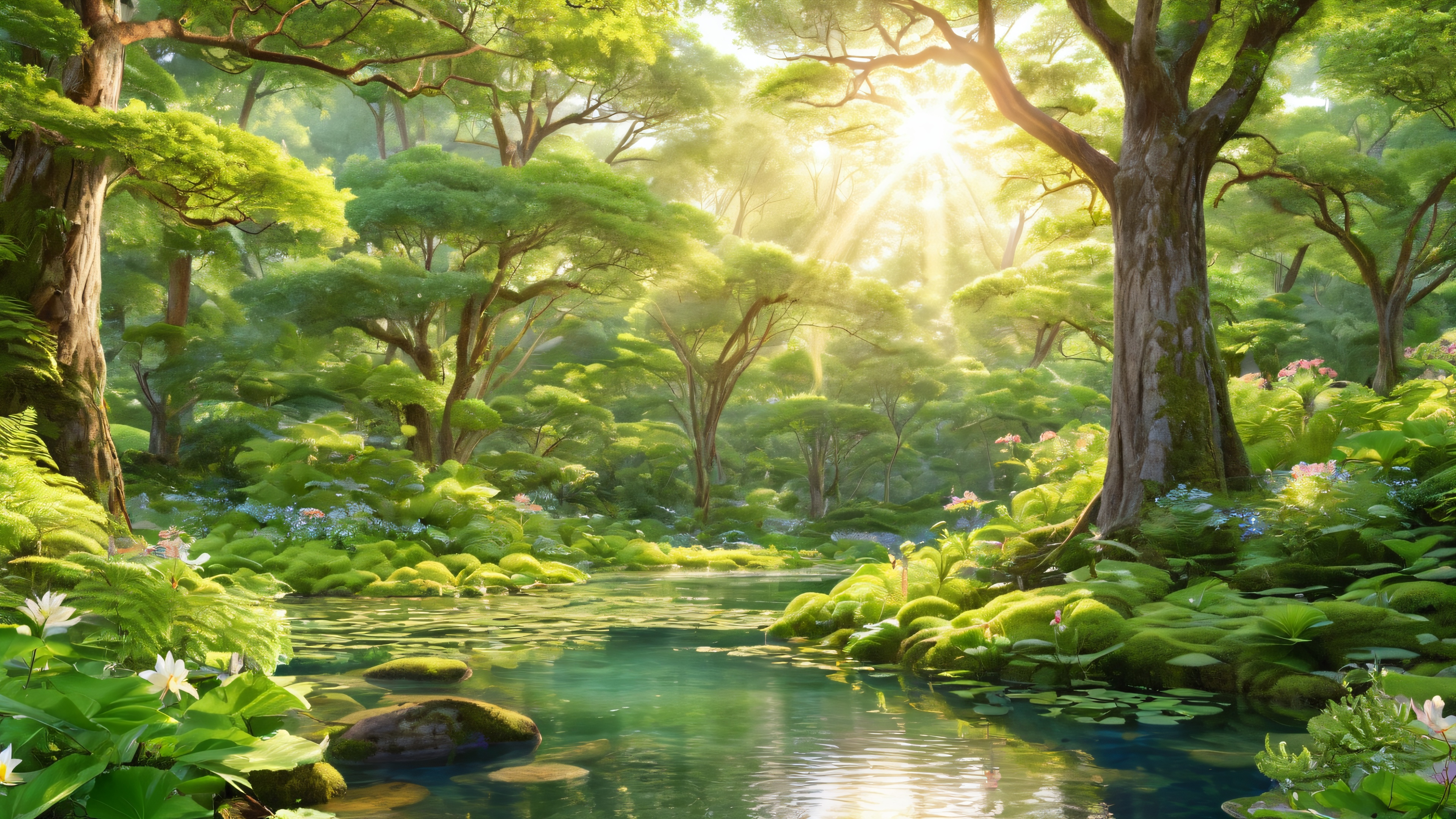 A tranquil forest glade with towering trees, a serene lake, and lush vegetation