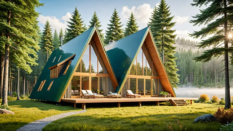 A serene A-frame cabin surrounded by a dense forest with towering trees and misty atmosphere, perfect for desktop/pc backgrounds.