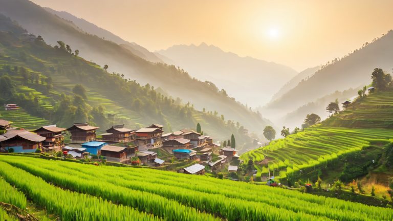 serene himalayan morning wallpaper vibrant prayer flags and rolling hills scaled