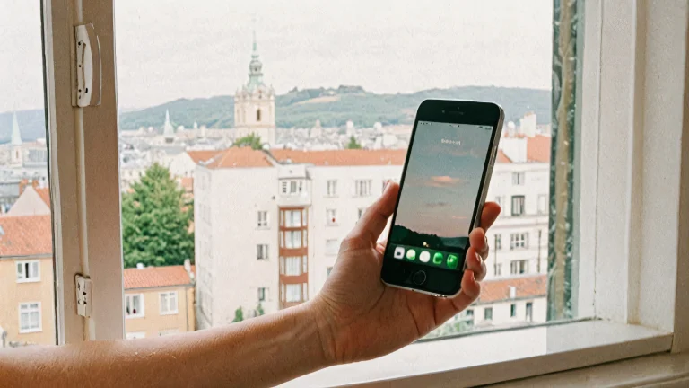 A smartphone and hand rest on a wooden desk with a serene window view of soft gray and warm white hues, perfect for a minimalist desktop.