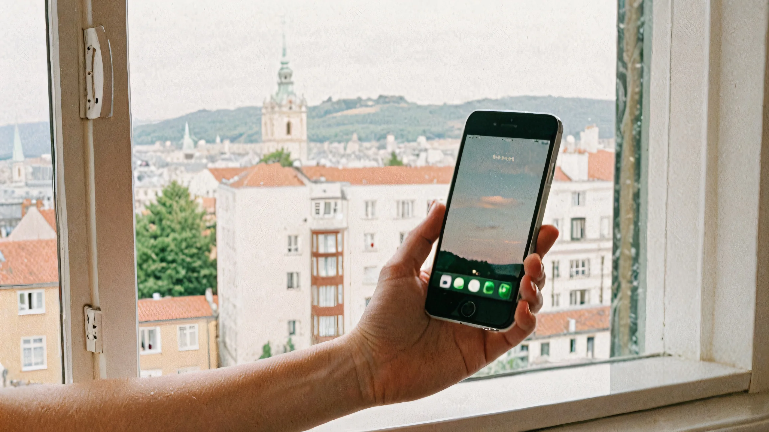 A smartphone and hand rest on a wooden desk with a serene window view of soft gray and warm white hues, perfect for a minimalist desktop.
