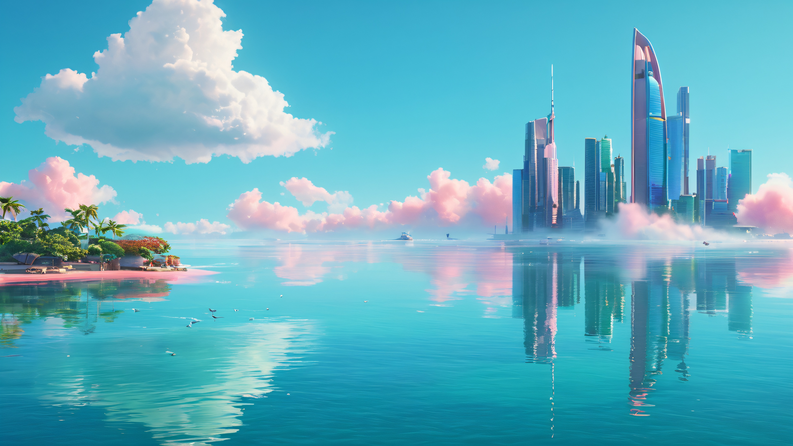 4K Serenene Oceanic Metropolis Wallpaper for PC/Mac A breathtaking desktop wallpaper of a majestic floating cityscape surrounded by interconnected islands and wetlands for your PC or Desktop.