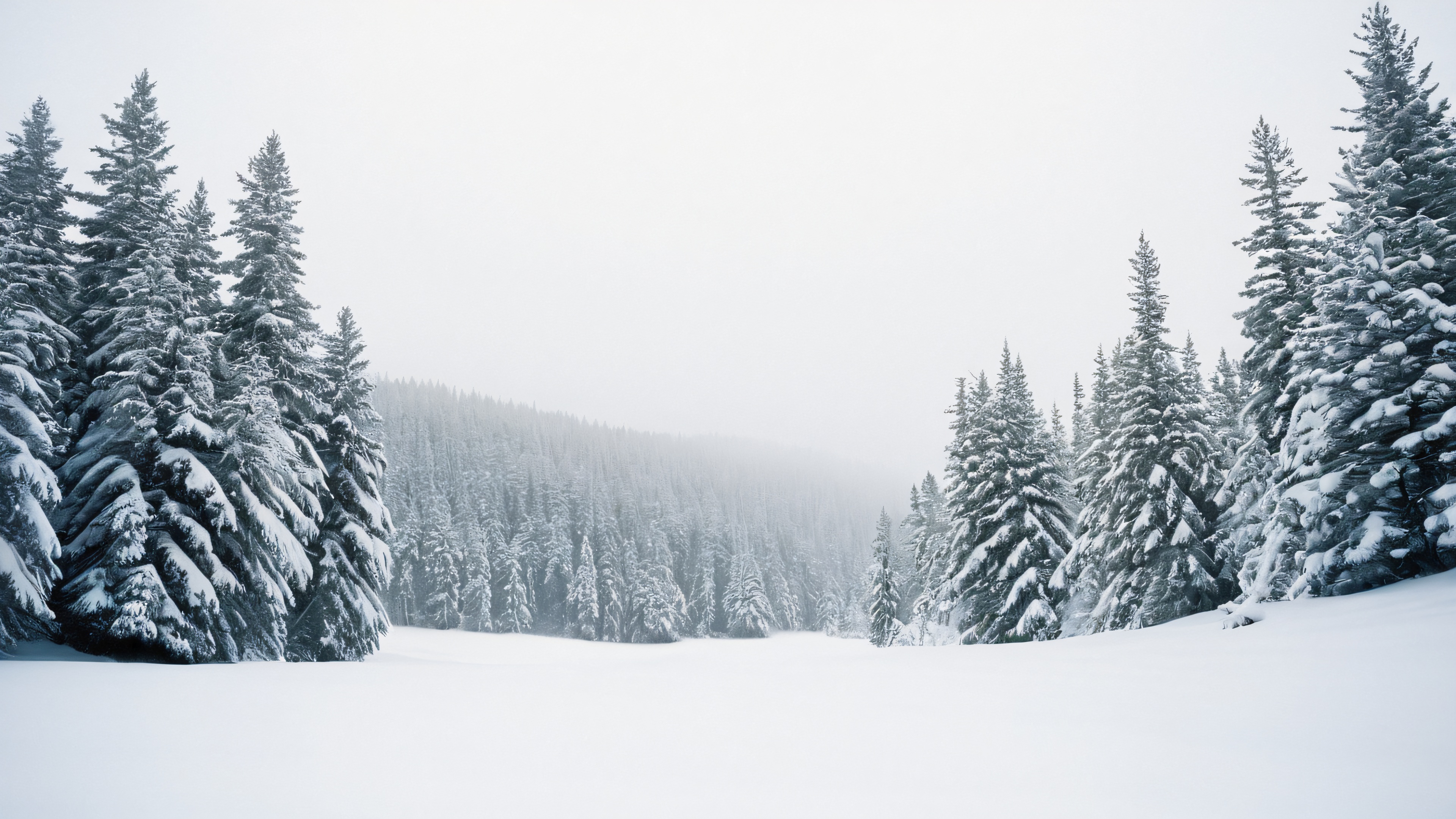 A serene snowy forest scene with a solitary figure walking through the quiet landscape, surrounded by tall evergreen trees and snowflakes suspended in mid-air.