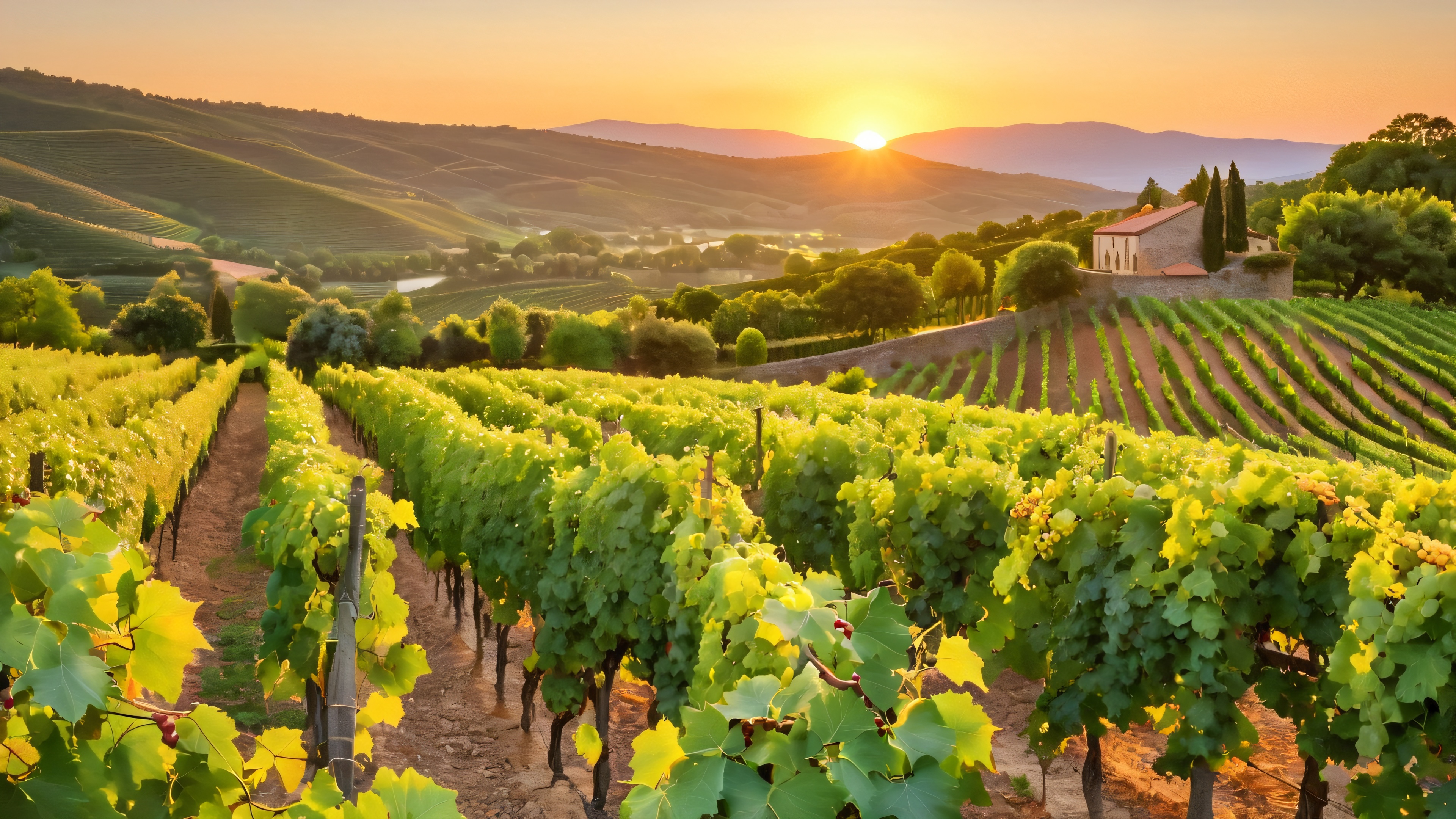 A serene vineyard landscape at dusk, with lush green vines and ripening grapes surrounded by ancient stone walls and twinkling ivy.