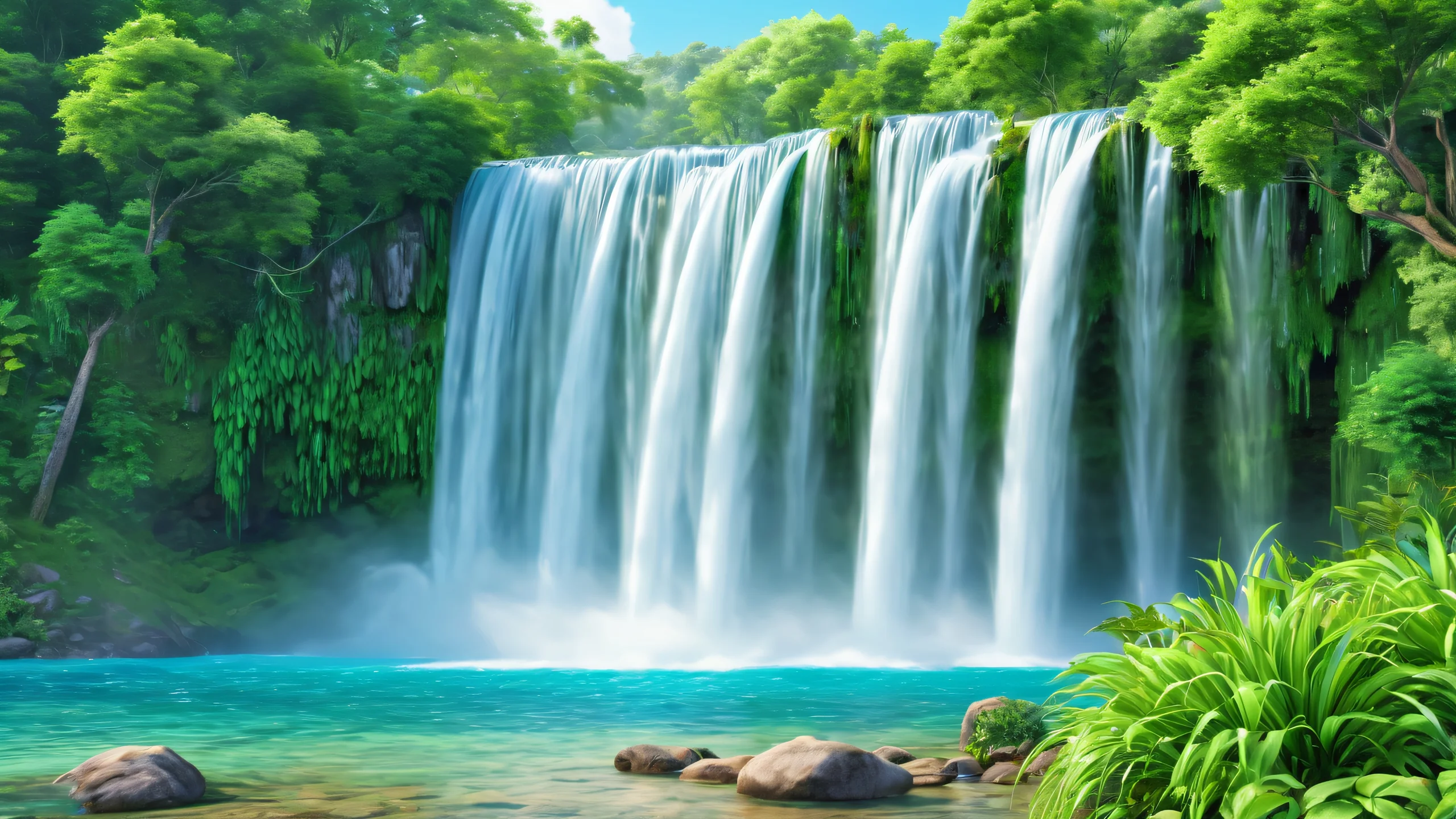 Serene Waterfall Oasis 4K UHD Wallpaper A serene waterfall surrounded by lush greenery and blue sky reflections.
