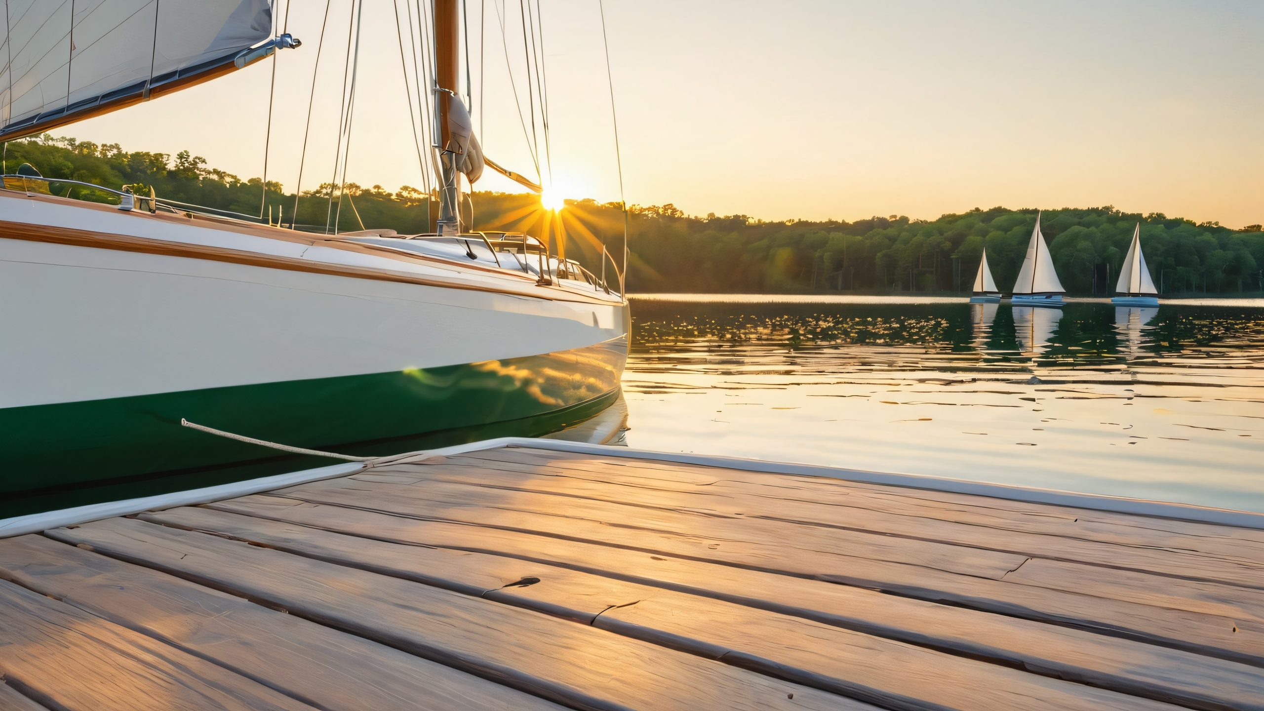 Serenene Waterside Oasis 4K UHD Widescreen A majestic white sailboat and dock scene with lush greenery and tall trees against a serene waterfront backdrop.