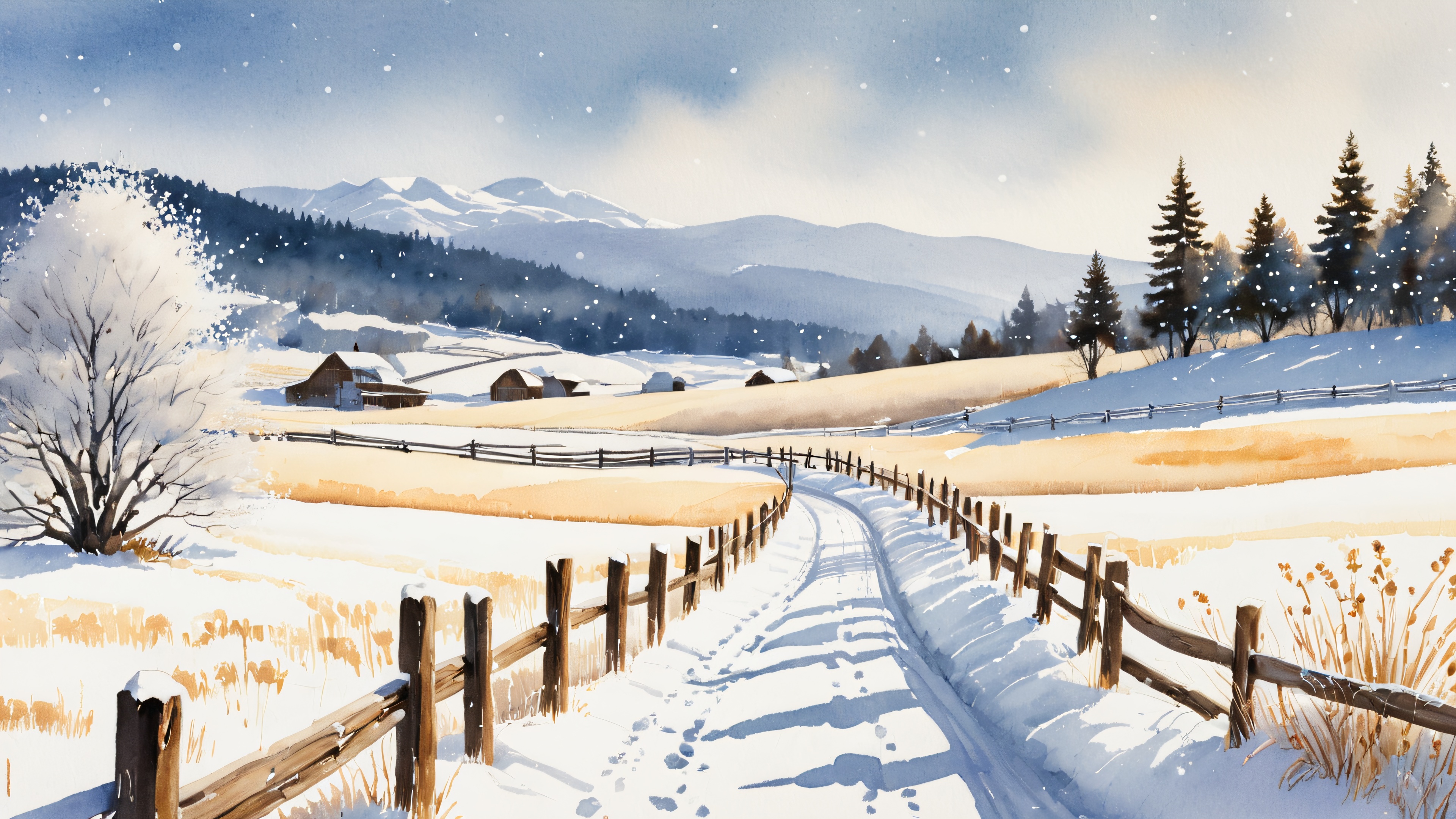 A serene winter landscape with snow falling gently from a gray sky, blanketing the rustic wooden fence and rolling hills in white.