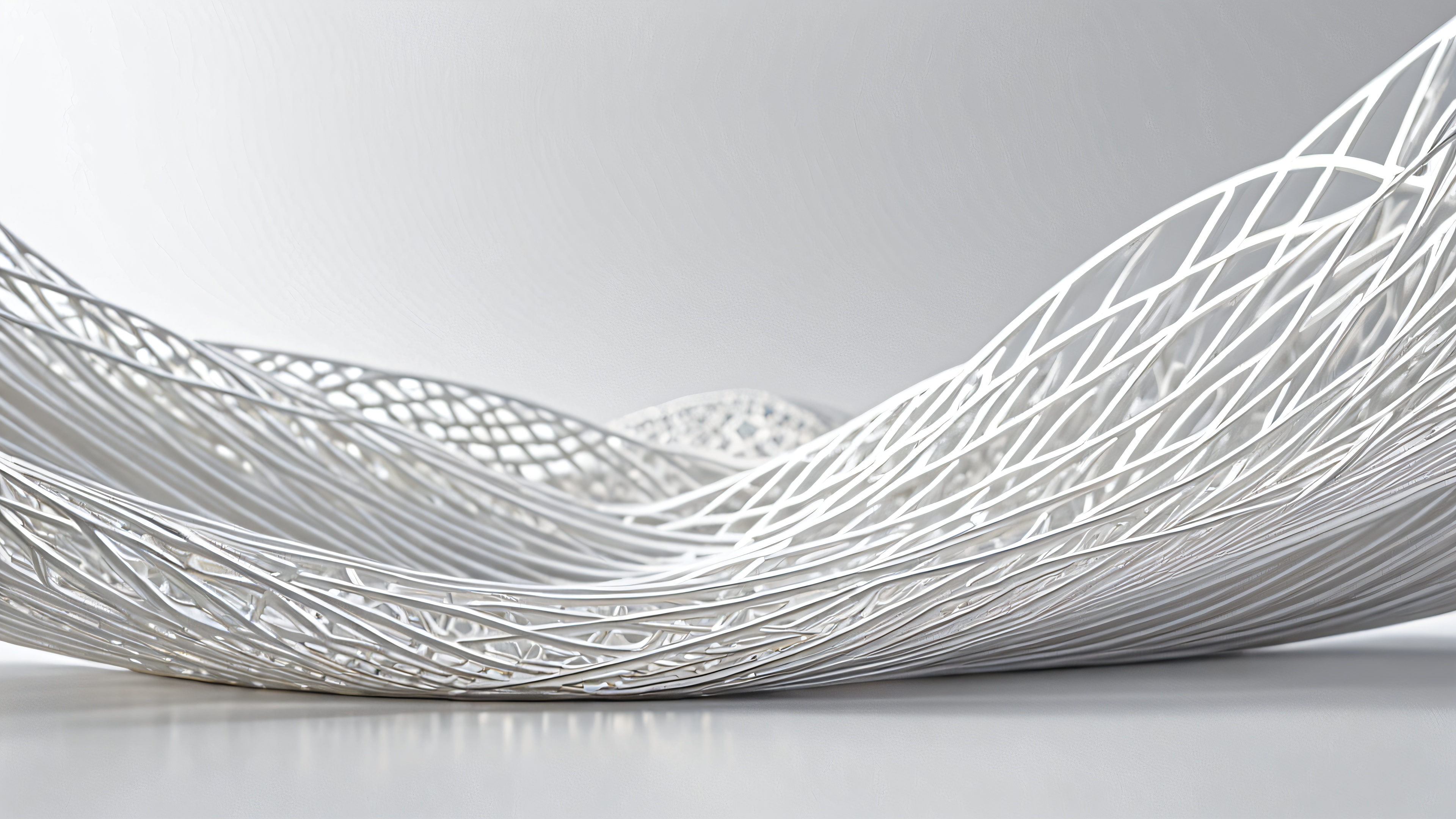 A minimalist 4K wallpaper featuring a delicate silver latticework suspended in a state of weightless elegance, with subtle creamy highlights.