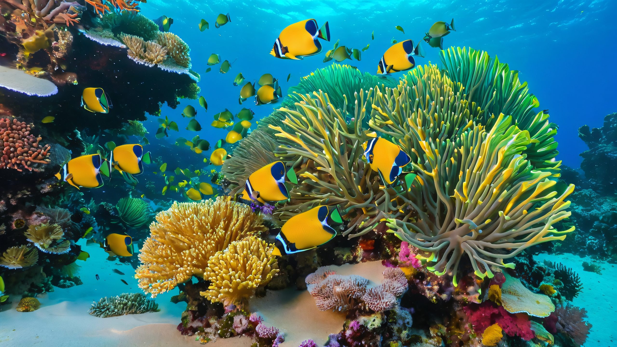4K Serenity School of Angels Desktop Background A majestic school of angelfish swimming in unison on a coral reef at dawn for Desktop/PC use.
