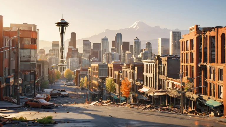 A worn-out resident gazes out at a desolate cityscape through the shattered remains of a storefront window, with the iconic Space Needle in the distance. Suitable for desktop/pc use.