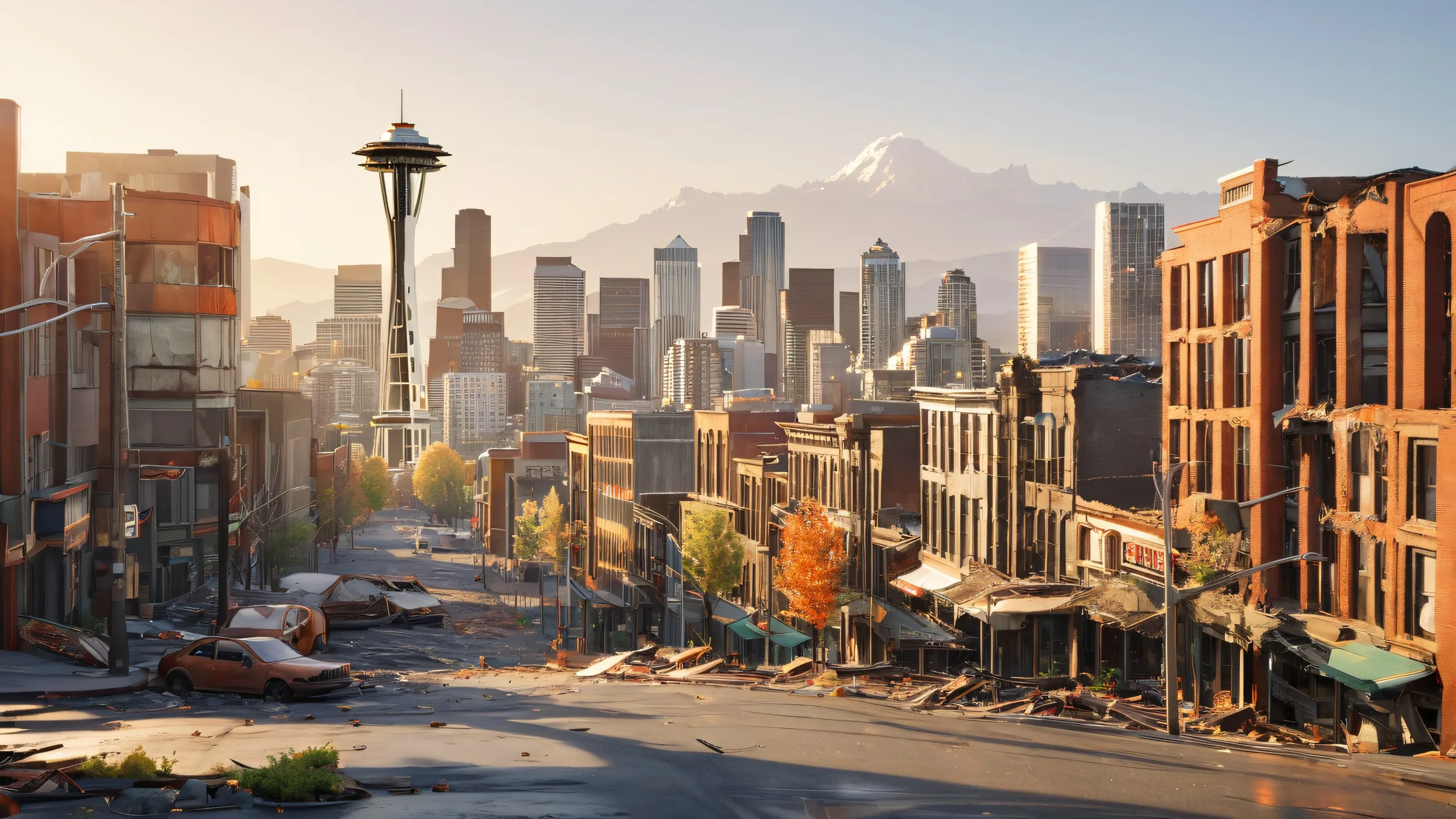 A worn-out resident gazes out at a desolate cityscape through the shattered remains of a storefront window, with the iconic Space Needle in the distance. Suitable for desktop/pc use.