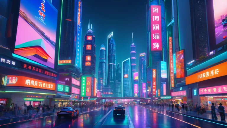 A futuristic metropolis at night with sleek skyscrapers and neon-lit billboards for desktop/pc use.