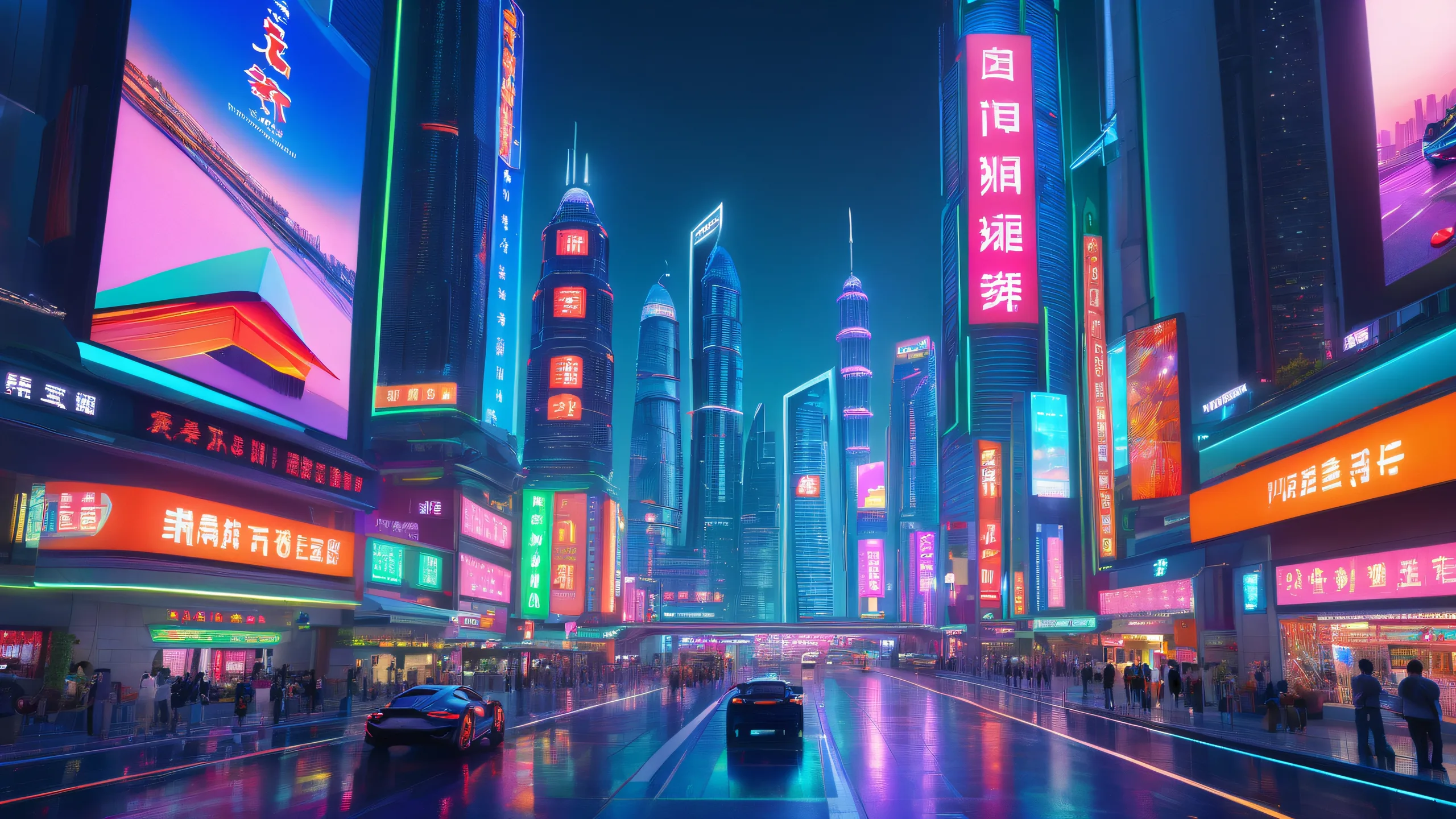 Shenzhen Neon Dreamscape 4K UHD Wallpaper A futuristic metropolis at night with sleek skyscrapers and neon-lit billboards for desktop/pc use.