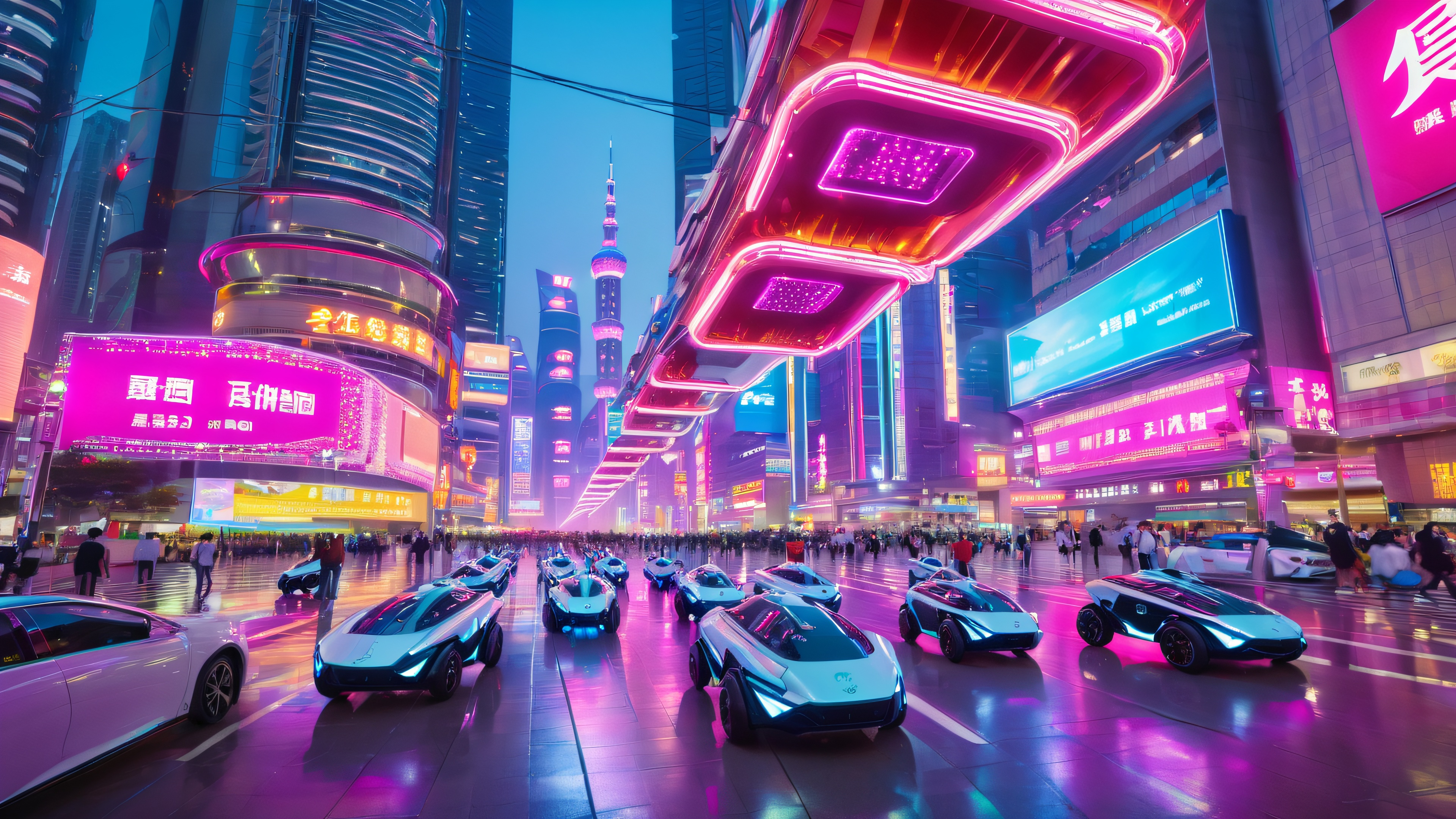 A futuristic cityscape with drones delivering packages above the neon-lit streets of Shenzhen, China.