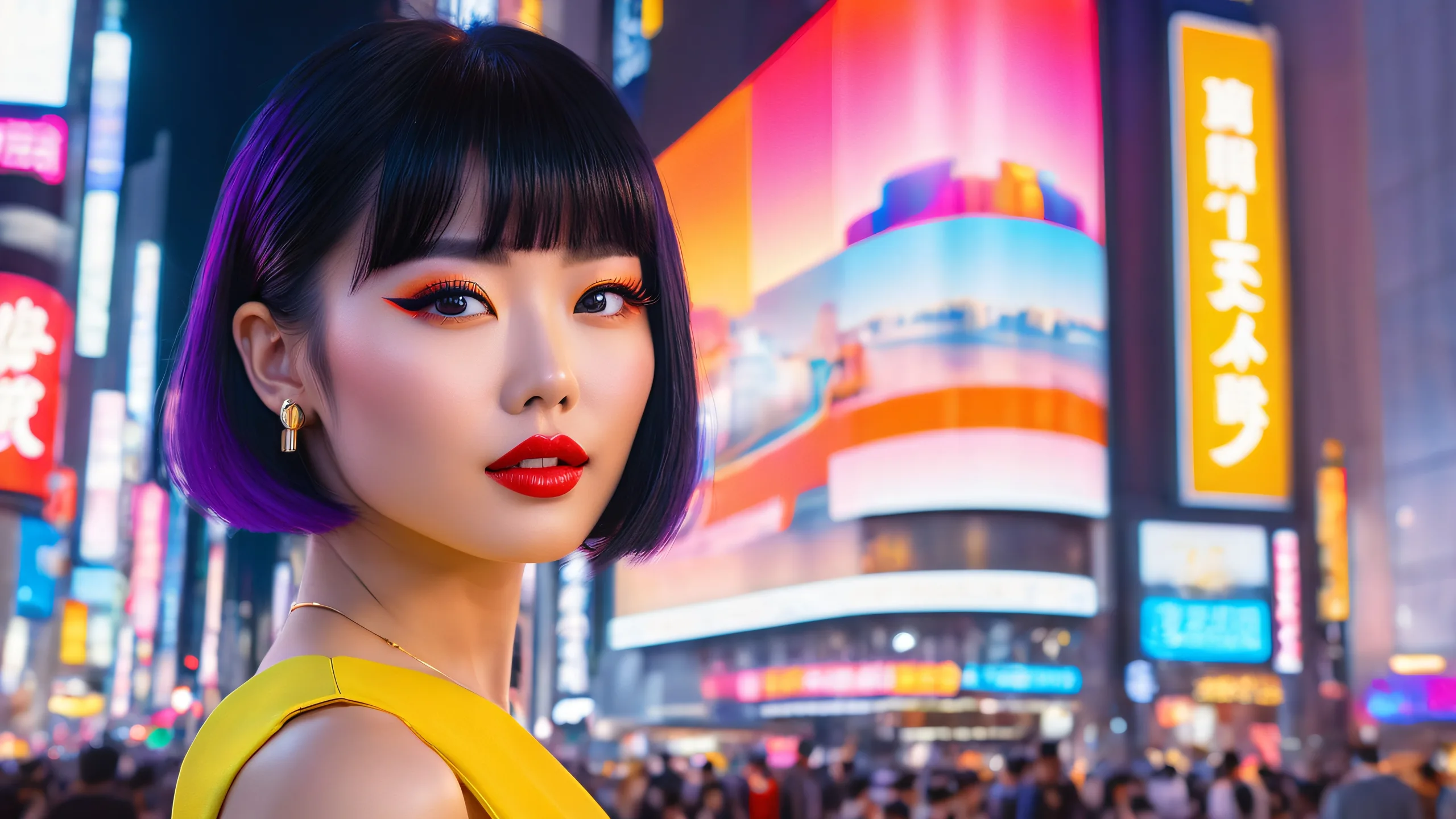 A stunning fashionista posing amidst Tokyo's neon-lit skyscrapers on a desktop/pc background