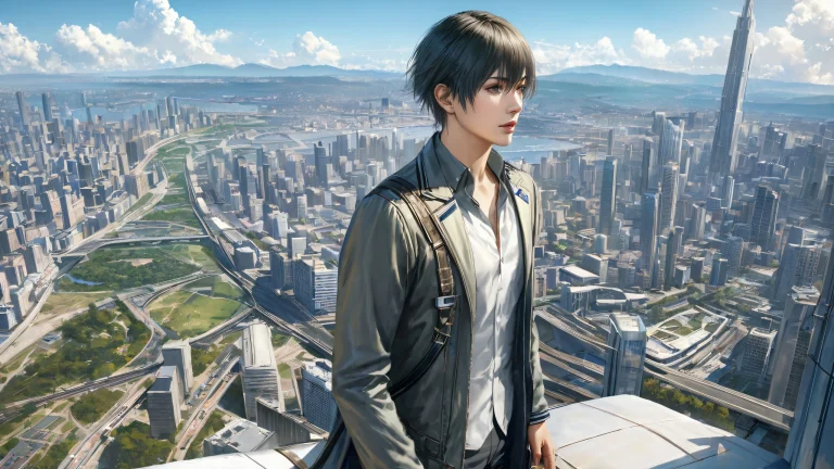 A stunning cityscape by Makoto Shinkai, featuring bluish-grey and white hues, with incredible detail and realism.