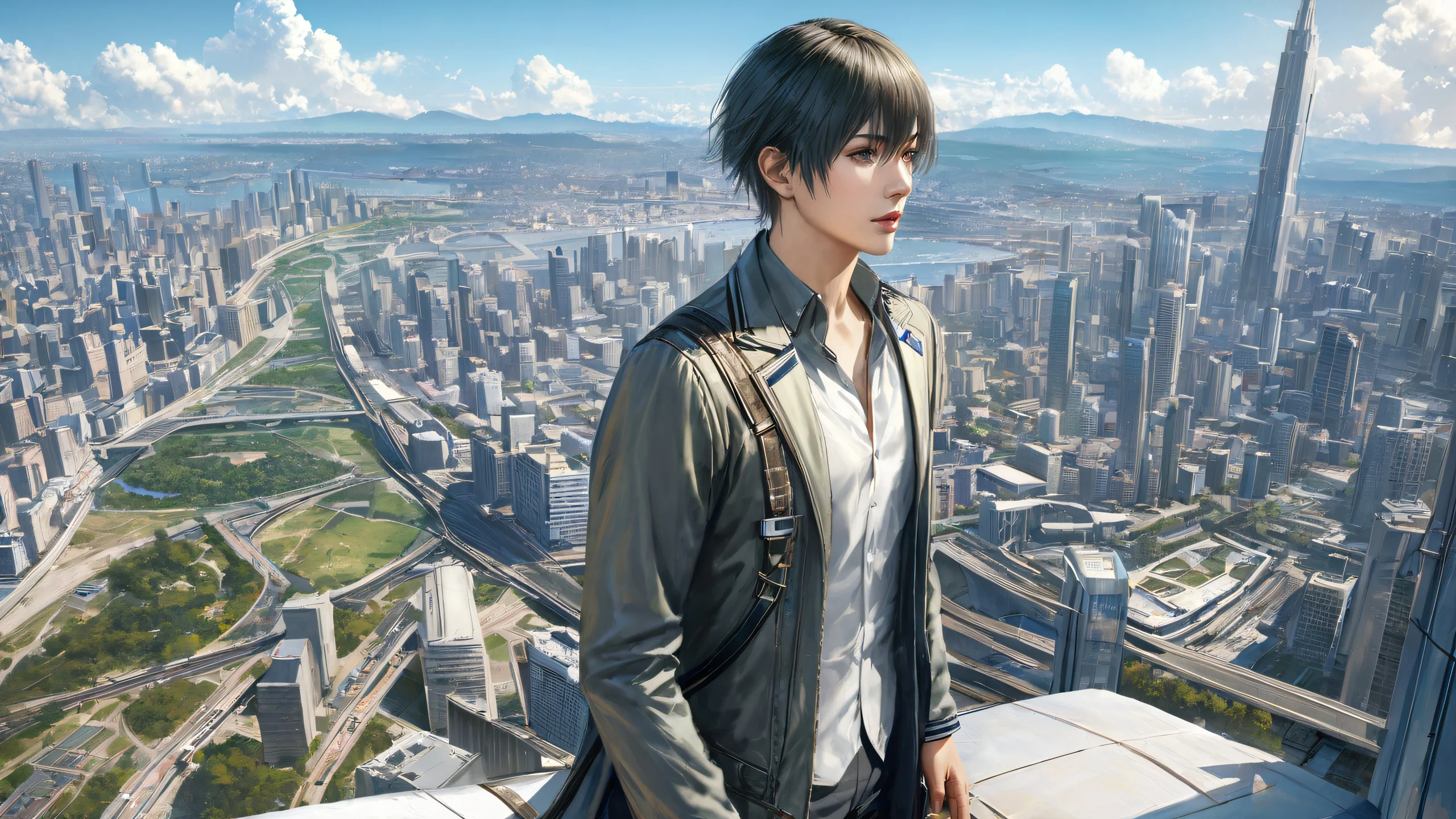 Epic Shinkai's Urban Oasis 4K Desktop Wallpaper A stunning cityscape by Makoto Shinkai, featuring bluish-grey and white hues, with incredible detail and realism.