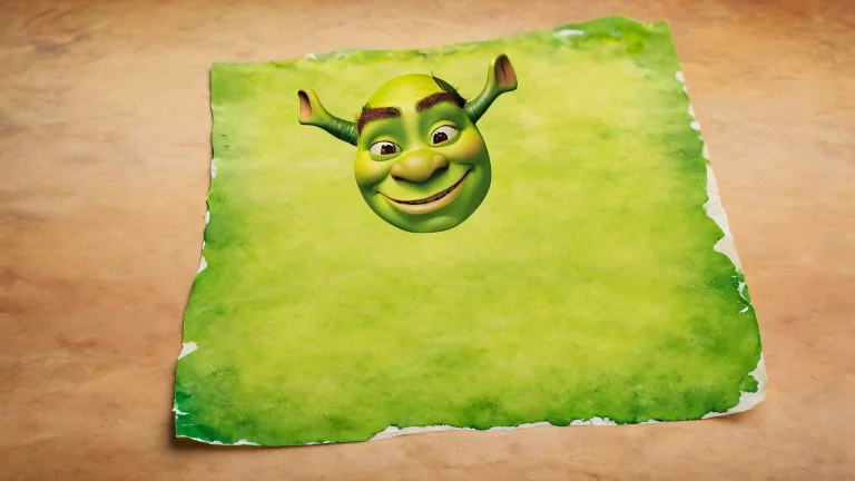 A serene watercolor depiction of Shrek's swamp at dusk, with vibrant greenery and aged paper texture.