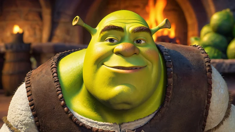 A watercolor-inspired image of Shrek's swamp at dusk, with vibrant greens and blues.