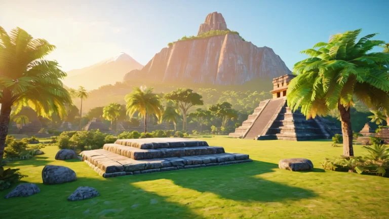 Ancient Mayan temple ruins surrounded by lush greenery and the majestic Sierra Nevada volcano in a breathtaking desktop wallpaper, suitable for PC/DeskTop use.