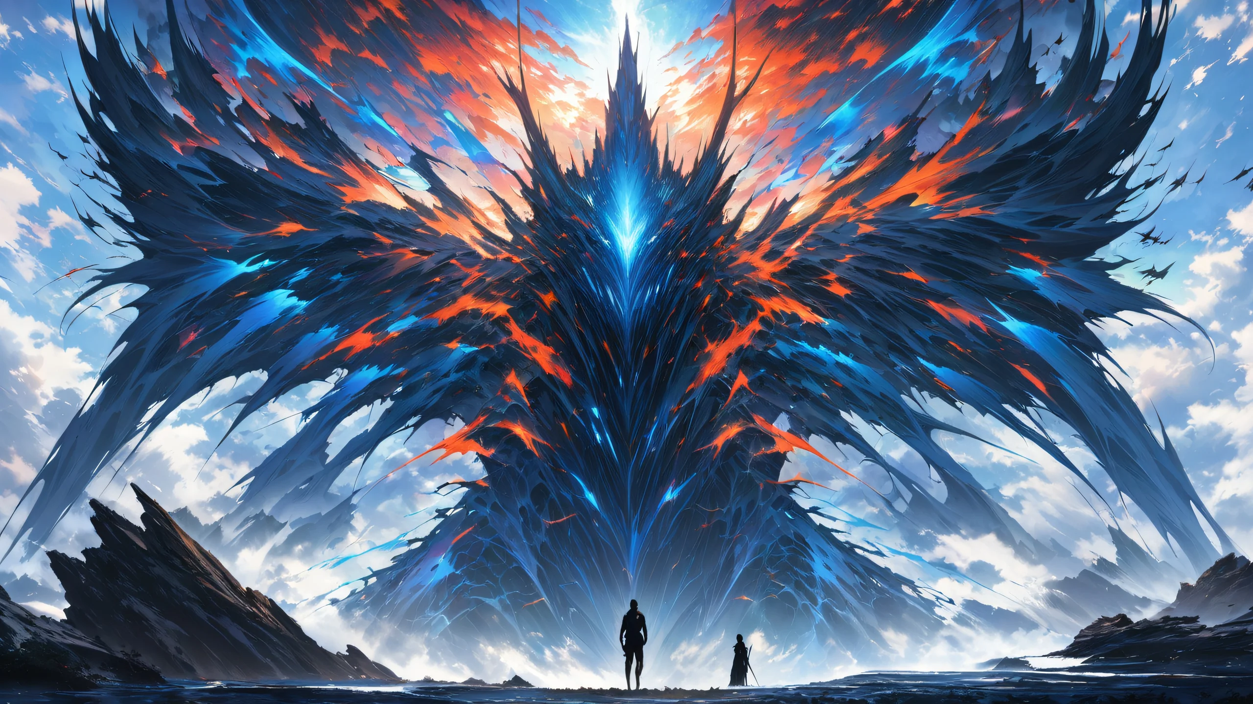 A stunning anime-inspired cityscape at dusk, featuring intricate silhouettes and a vibrant orange-red sunset.