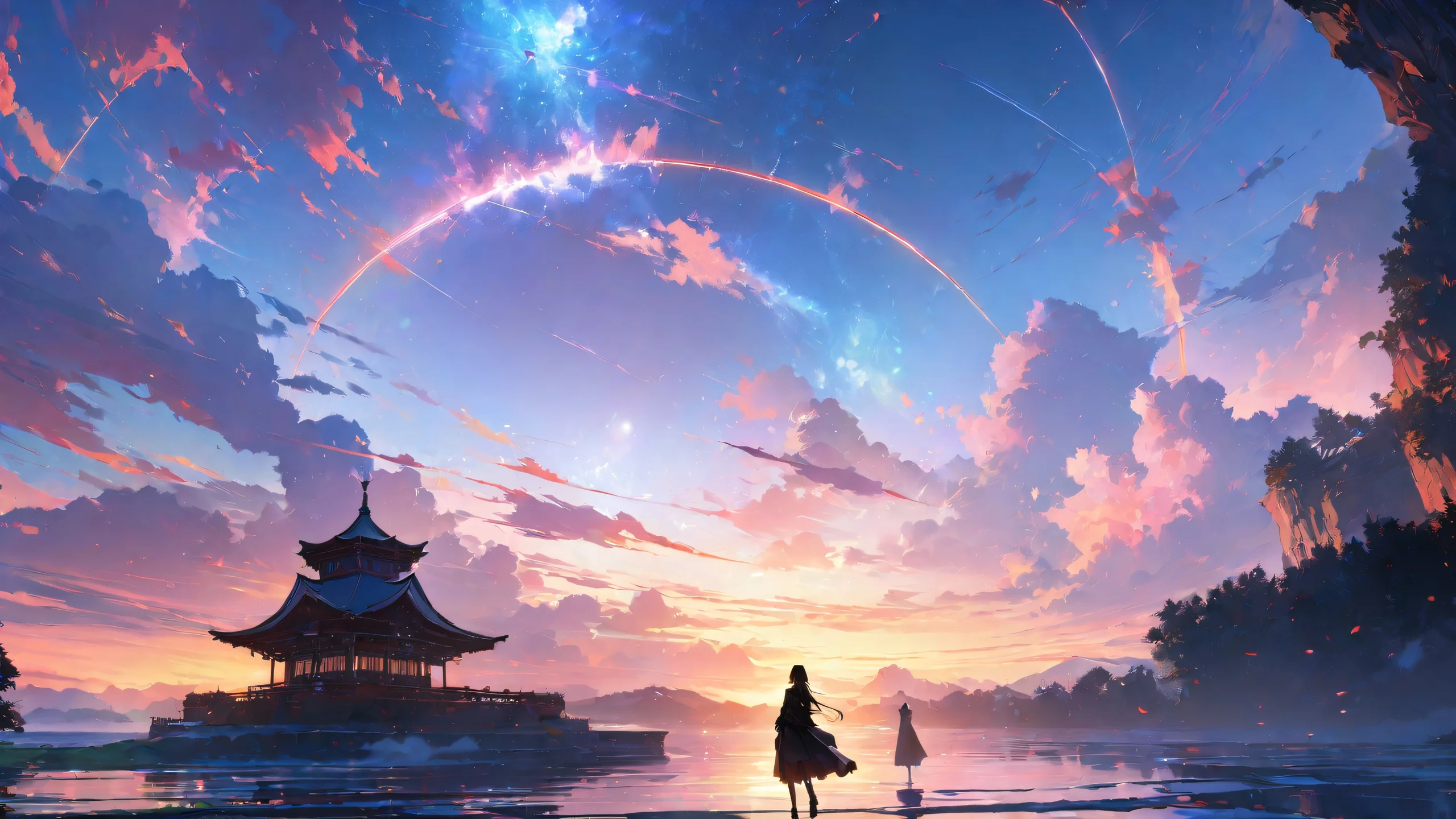 Anime-inspired cityscape at dusk with towering skyscrapers and neon lights