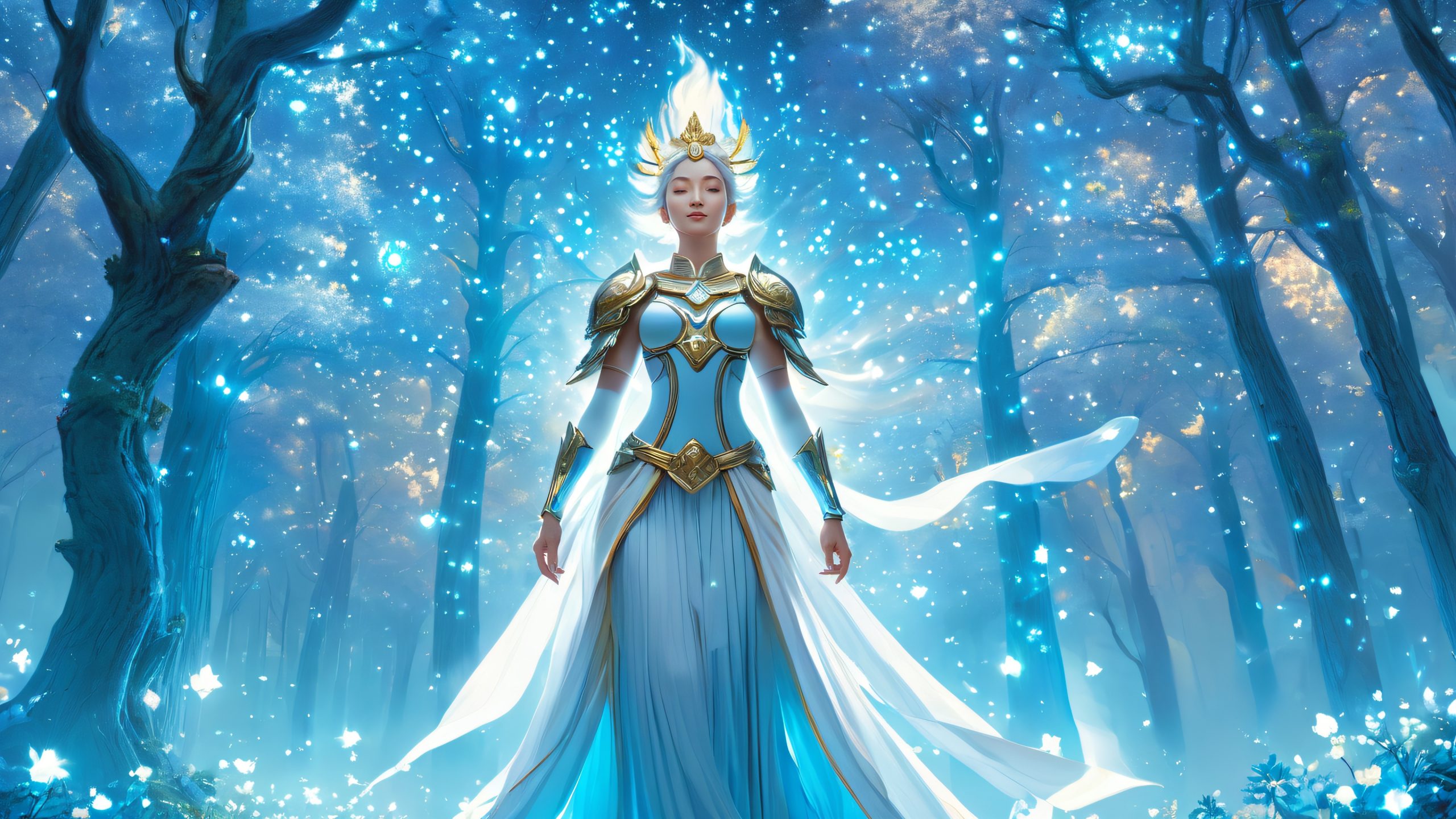An armored cleric stands amidst a glowing forest, surrounded by divine light, perfect for desktop/PC backgrounds.
