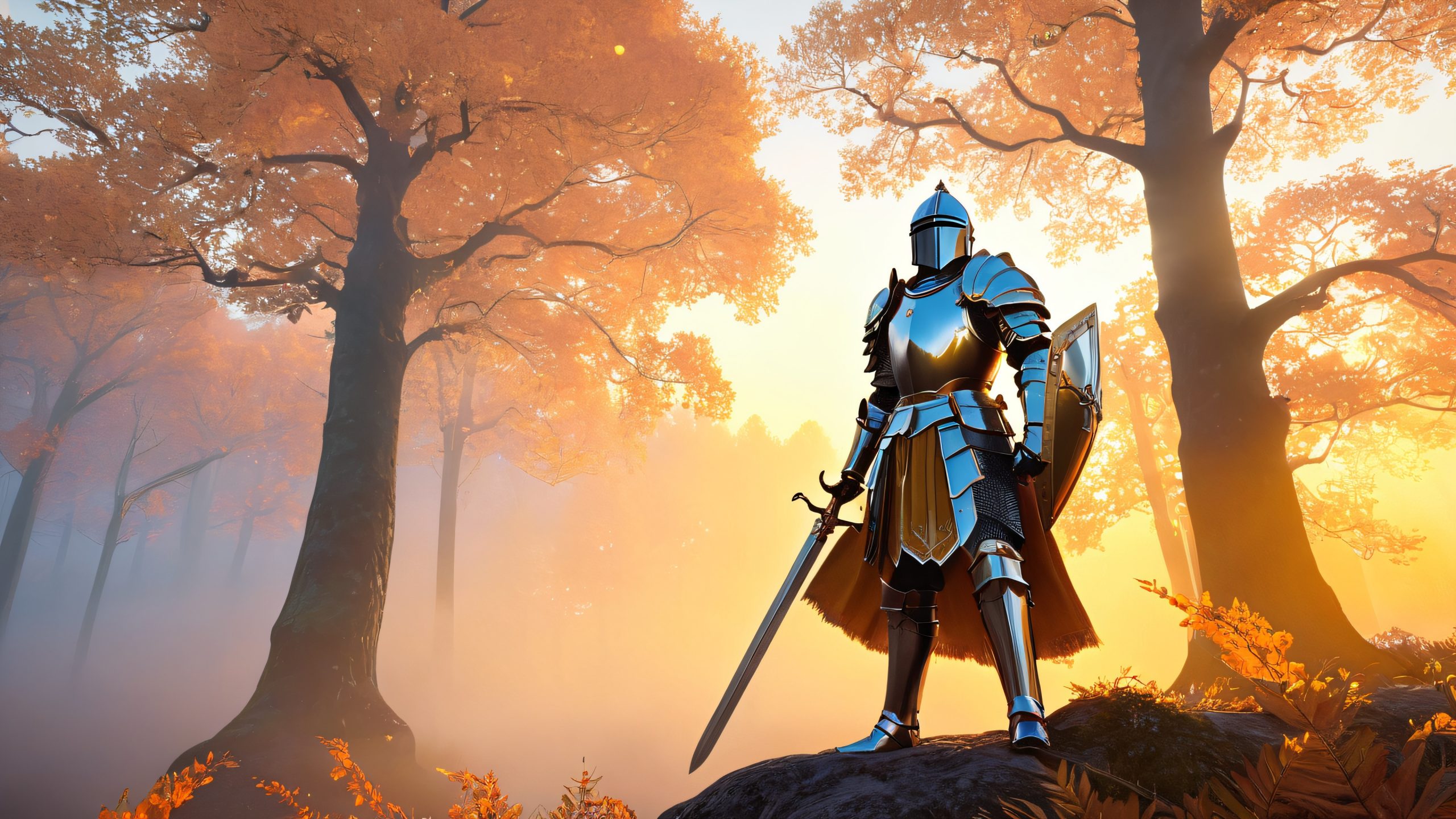 A majestic knight stands tall amidst a misty dawn landscape with glowing trees, for desktop/pc use.