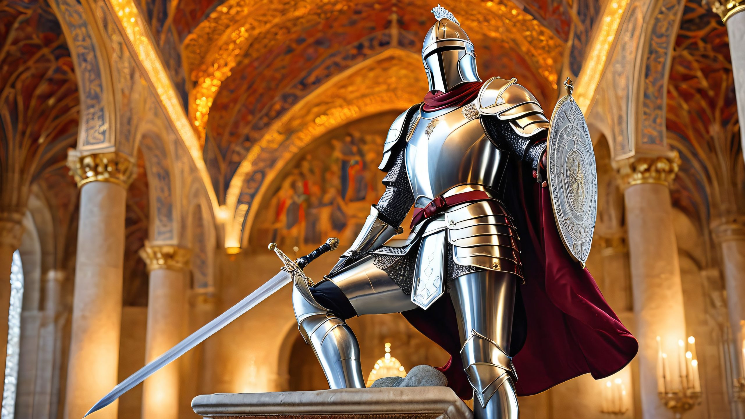 A majestic knight stands atop a pedestal, its visor reflecting a warm glow, set against a grand, ornate chamber with stone columns and silver tapestries, perfect for a desktop/PC background.