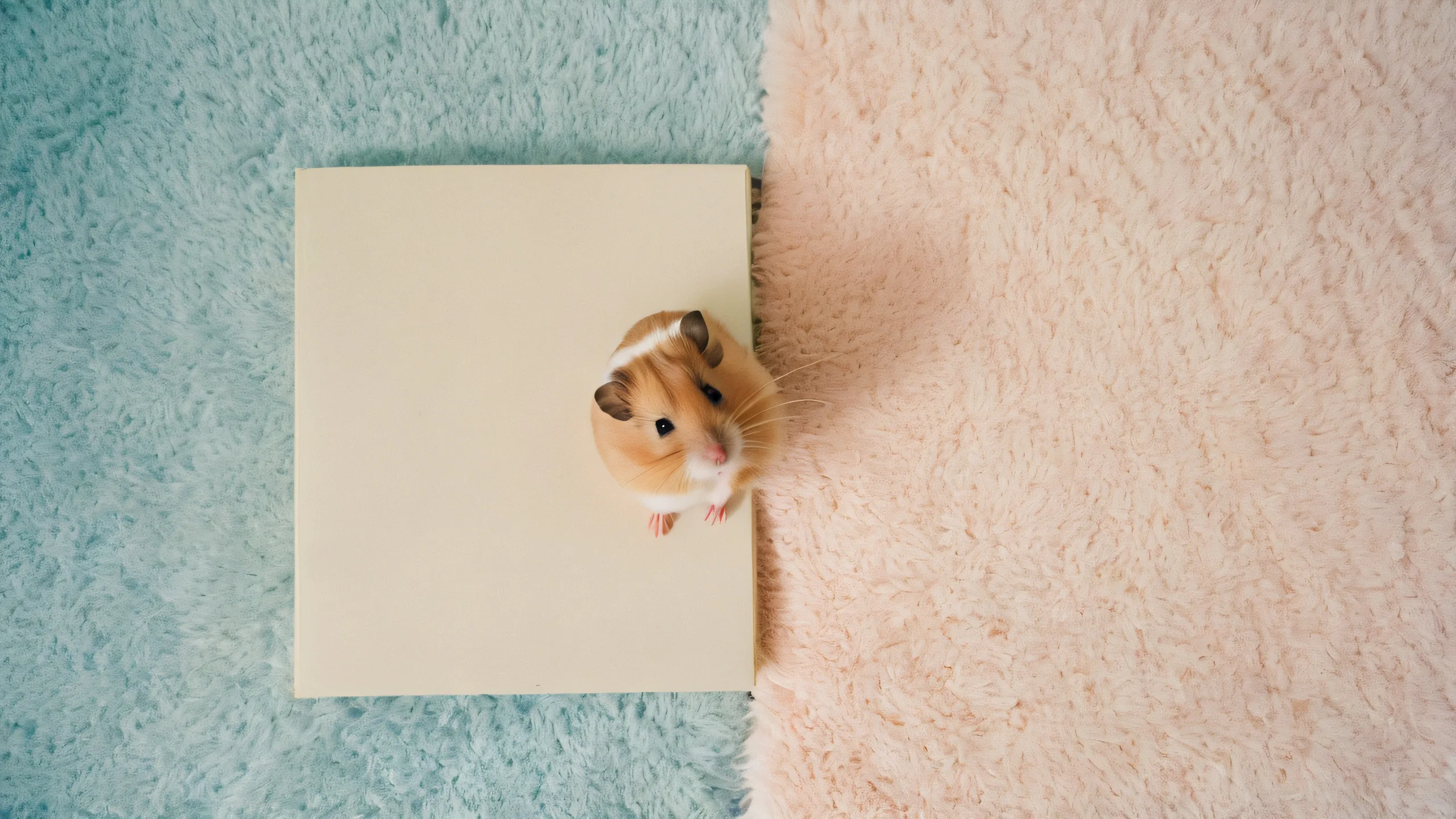 Epic Sitting Pretty Whispers Wonders 4K Desktop Wallpaper A whimsical desktop wallpaper featuring a sitting hamster looking up with an exasperated expression, surrounded by cozy living room decorations and warm pastel hues.
