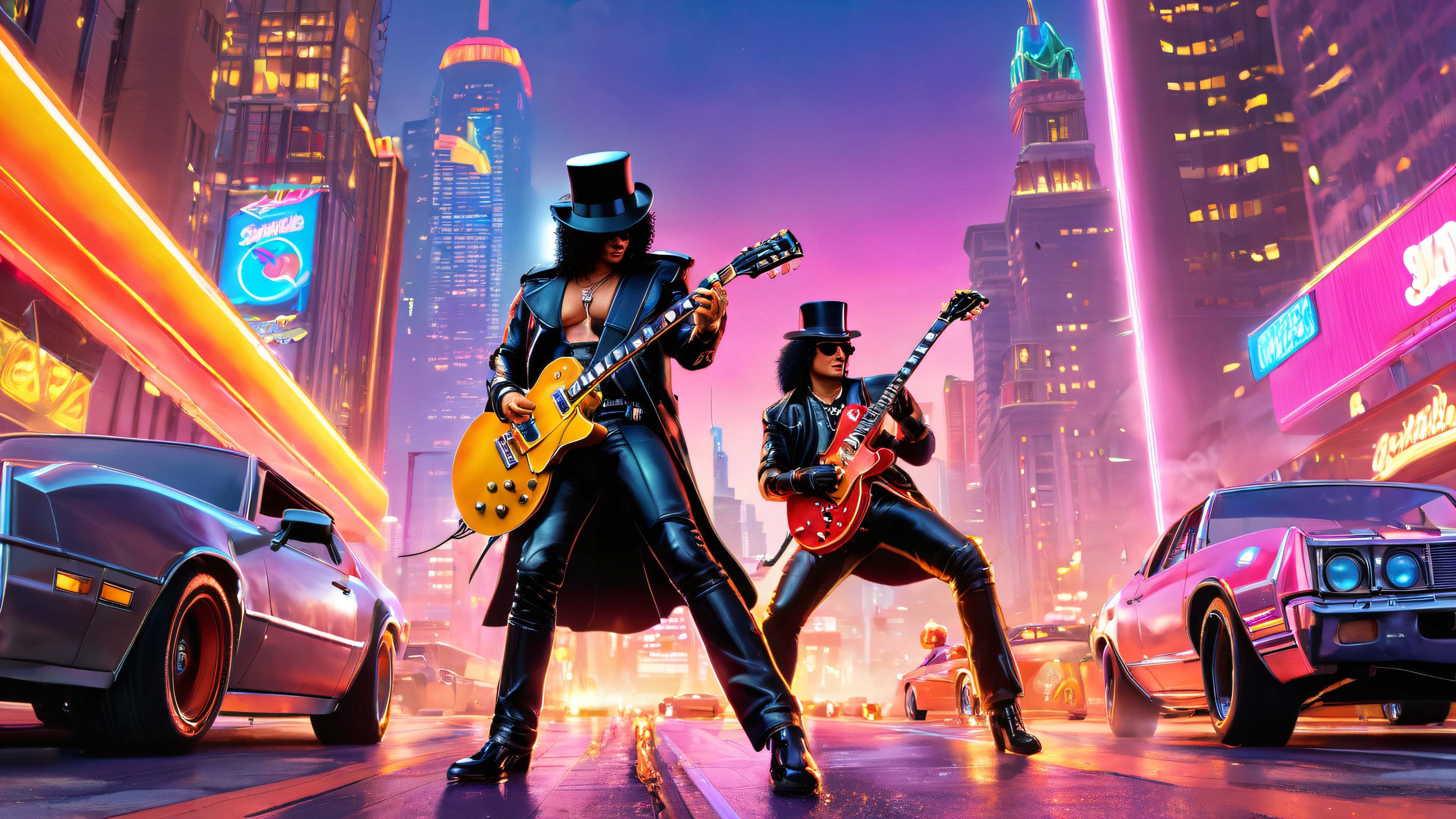 Two iconic action figures, Slash and Slash, engage in an epic battle amidst a cityscape backdrop