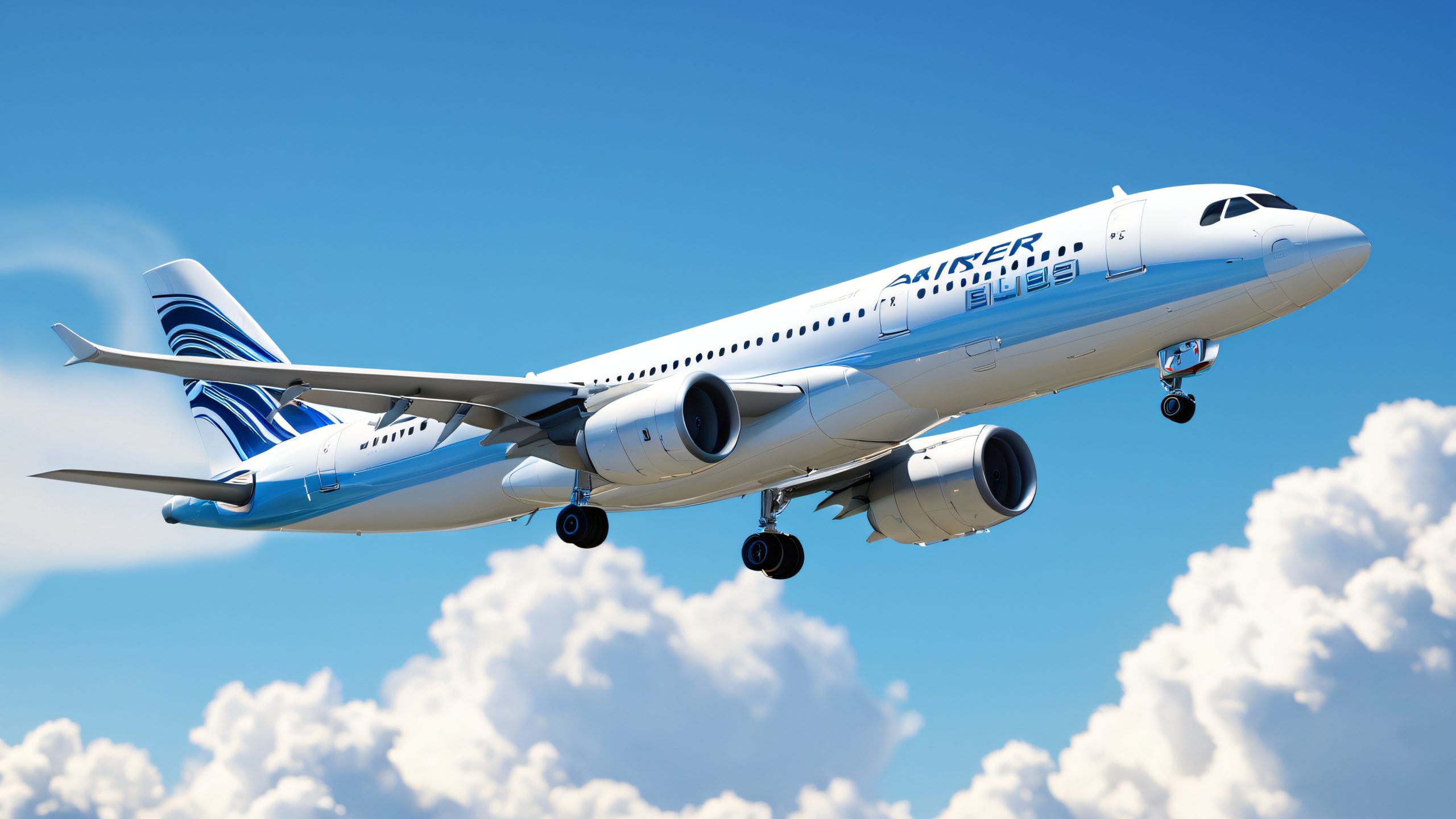 Sleek A318 Soars 4K UHD Widescreen A sleek Airbus A318-100 aircraft in flight against a blue sky with clouds, suitable for desktop/pc