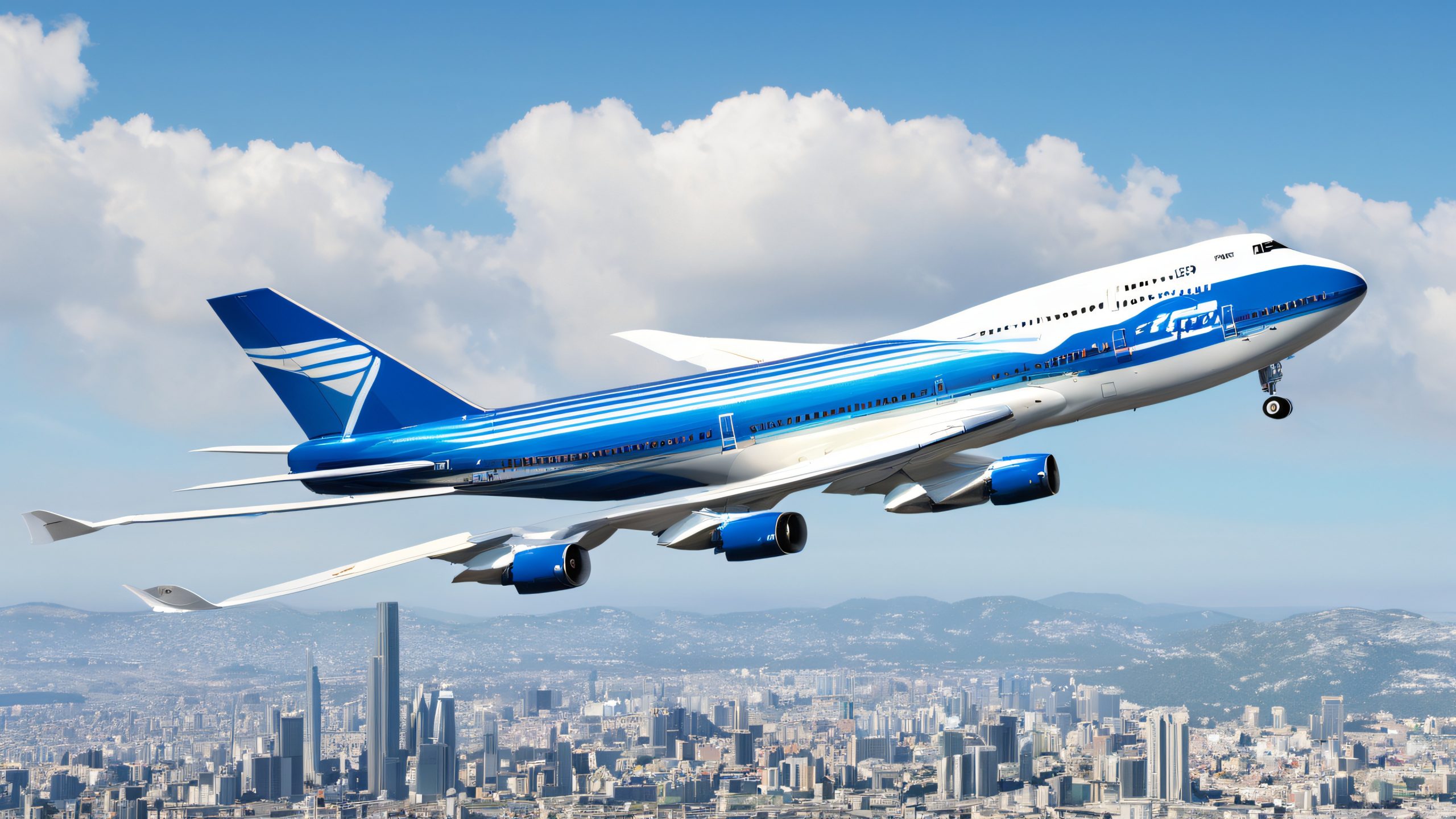 Stunning Sleek Airliner Metropolitan Scene 4K Wallpaper Majestic Boeing 747-600X airliner on a cloudless blue sky with a cityscape backdrop, suitable for desktop/PC use.