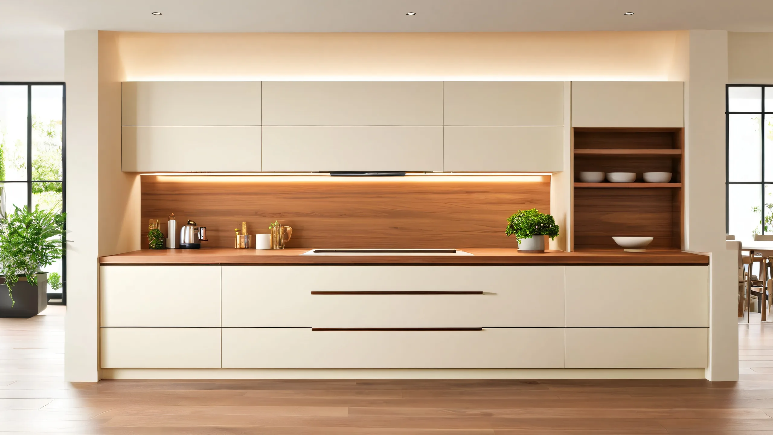 Ultra HD Sleek Kitchen Oasis Wallpaper A modern kitchen scene with a minimalist design concept featuring a sleek wall oven and wooden cabinets. Perfect for desktop or PC background.