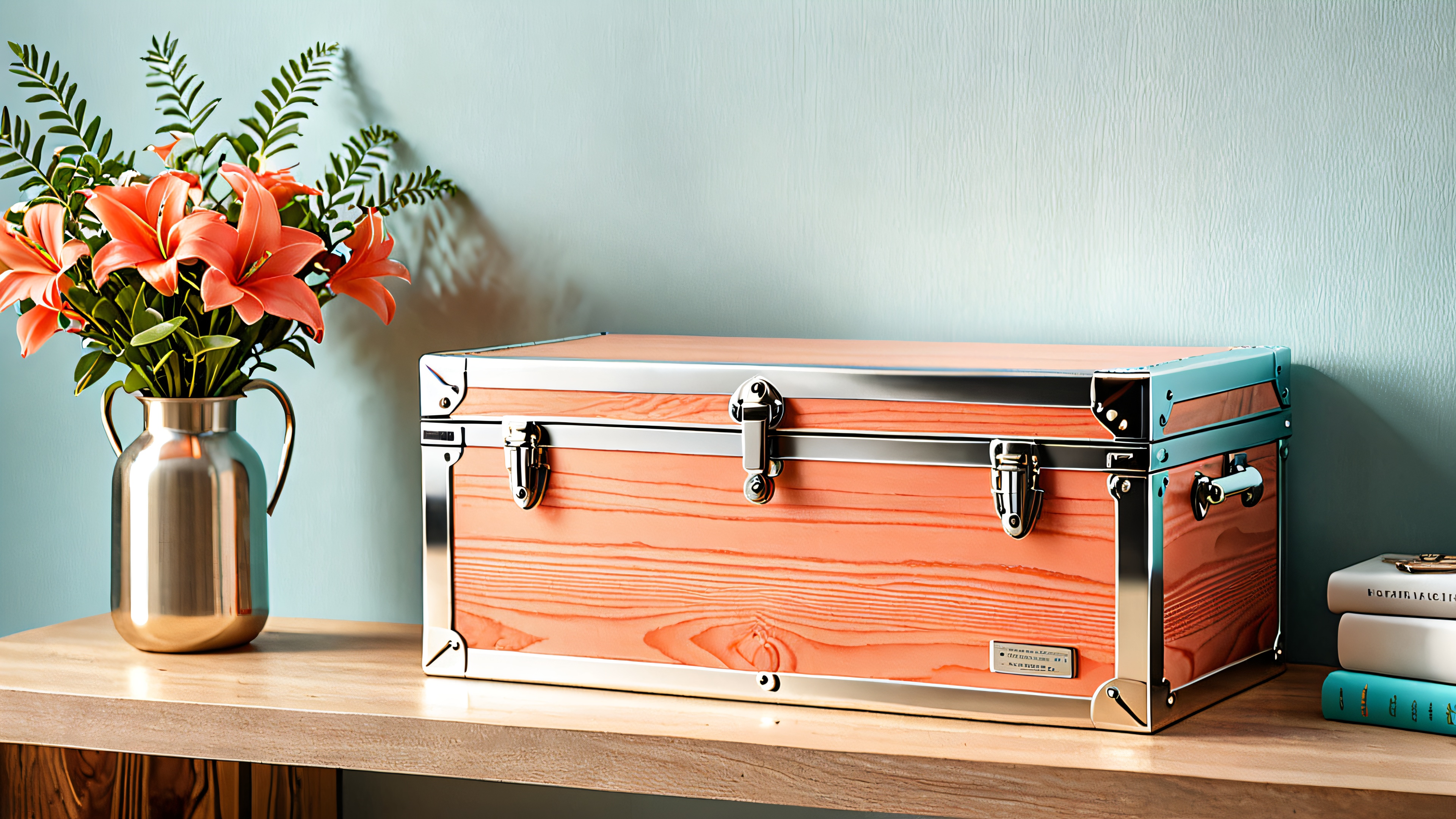 A high-definition desktop wallpaper featuring a metallic storage box with subtle glow, surrounded by trinkets and mementos, in a minimalist space with industrial chic accents.