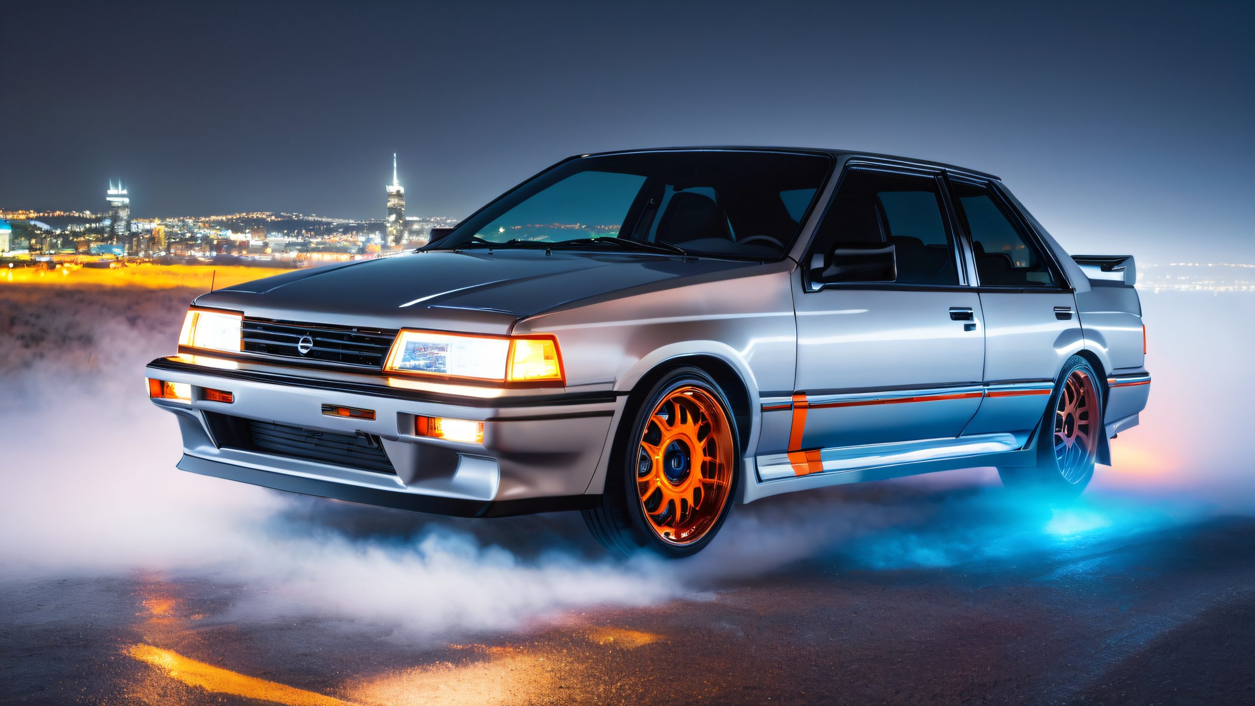 4K Silver Stallion on Neon Horizon Desktop Background Retro-styled Nissan Sentra desktop wallpaper with neon accents and misty night sky, suitable for PC or Desktop use.