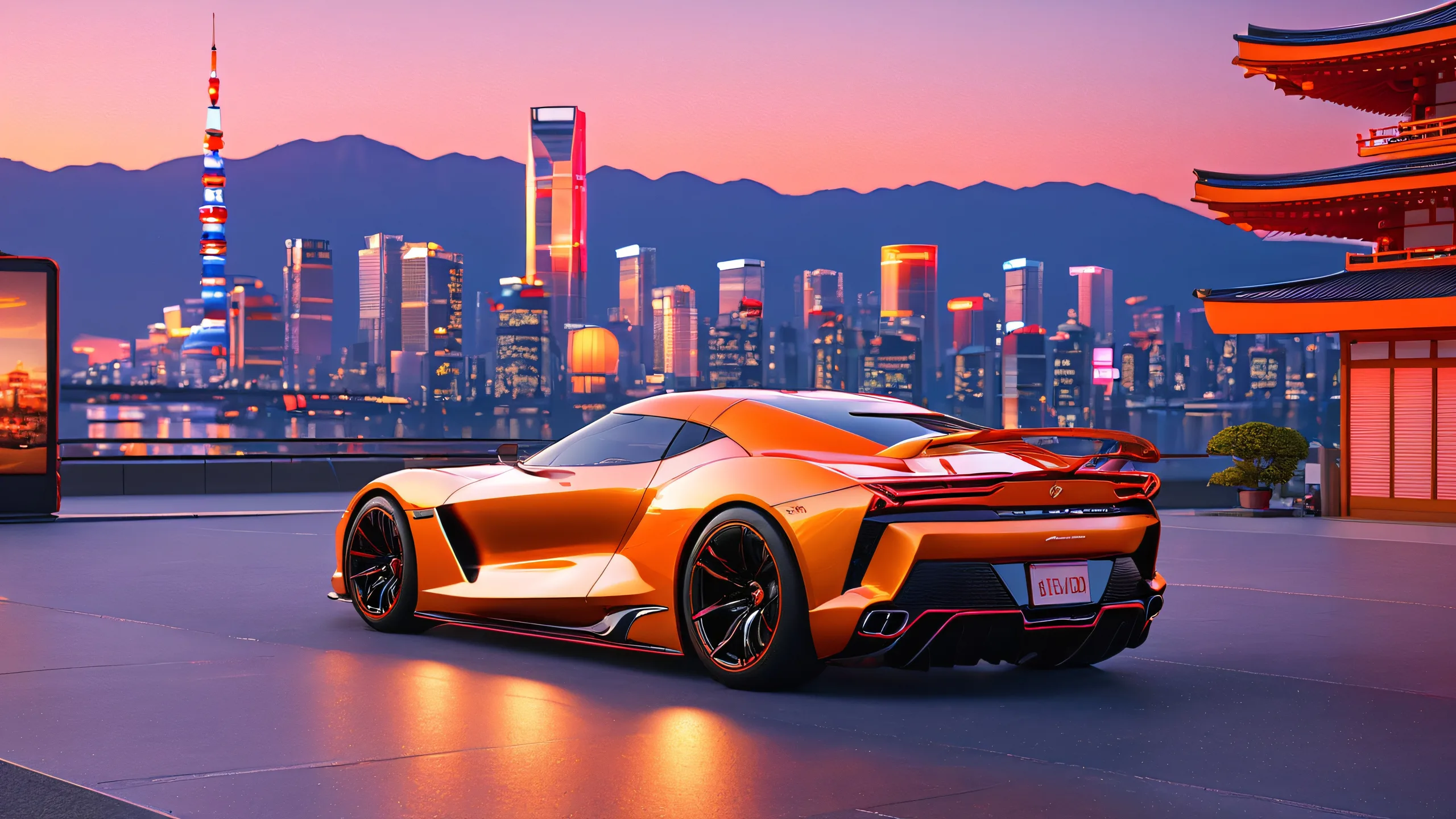 Epic Silver Bullet Sunset City 4K Desktop Wallpaper A sleek sports car with a gleaming silver body and bold red accents parked in front of a Japanese-inspired cityscape at sunset, perfect for desktop/pc backgrounds.