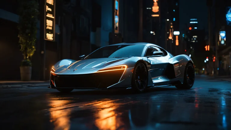 A sleek silver sports car at night with city lights reflecting off its hood and bonnet