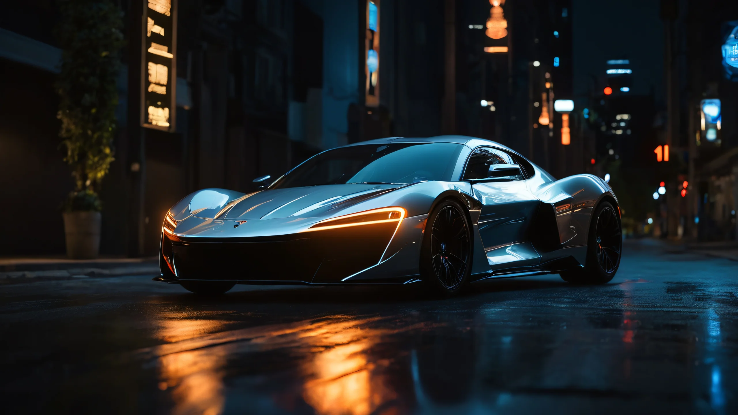 A sleek silver sports car at night with city lights reflecting off its hood and bonnet