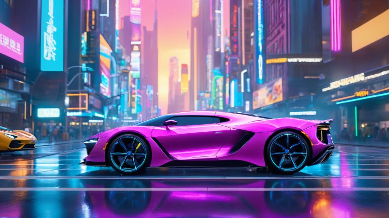 sleek sports car racing down neon city streets wallpaper scaled