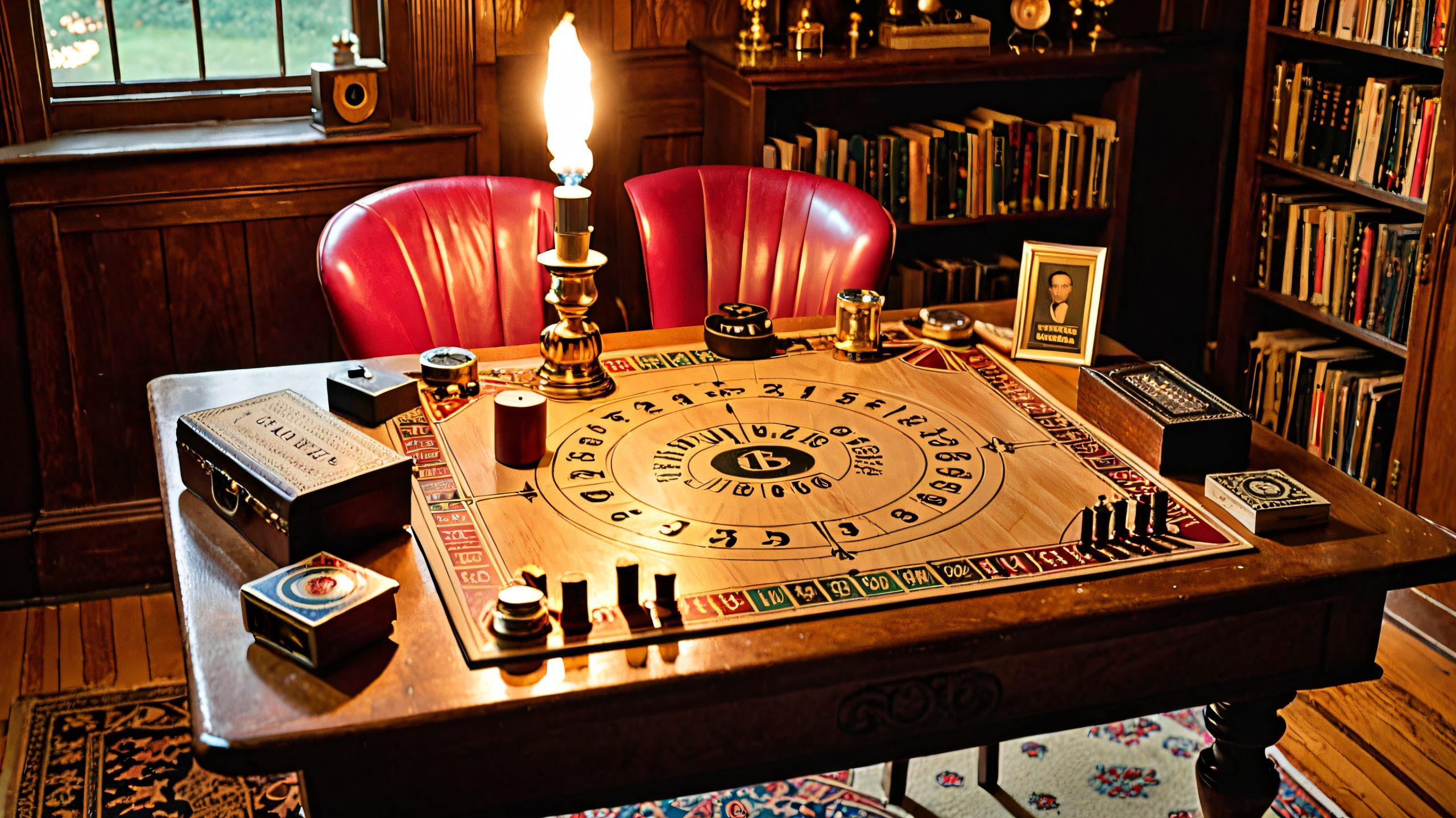 Smoke-Filled Parlor Secrets 4K UHD Wallpaper Vintage Ouija board on a wooden table in a dimly lit room with cluttered parlor decor, perfect for desktop or PC