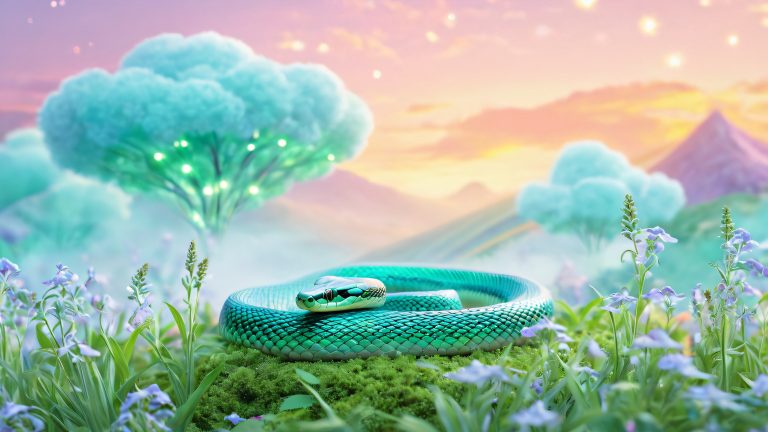 snek inspects glowing plant whimsical 4k wallpaper scaled