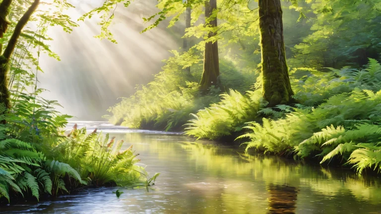 Serene river scene with glassy surface and forest reflection. Desktop/PC wallpaper.